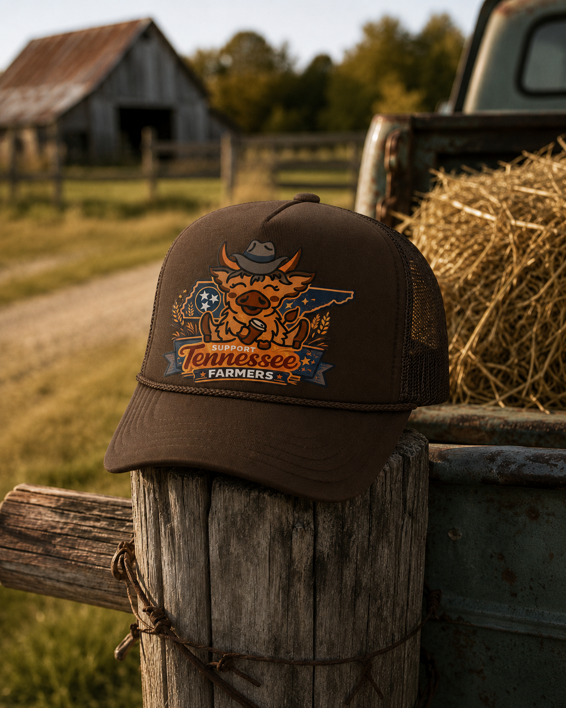 Exclusive Neon Cattle Coffee Company “Support Tennessee Farmers” Brown Trucker Hat