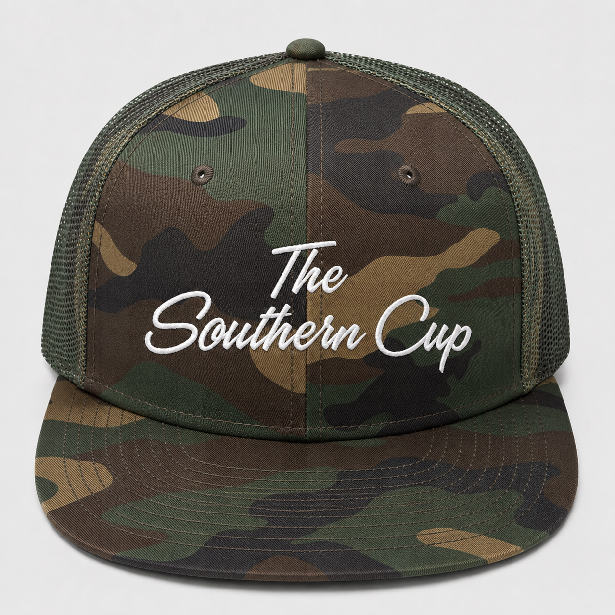 Southern Cup Script Logo Embroidered Black Mesh Trucker Hat | OTTO CAP® 6 Panel Snapback