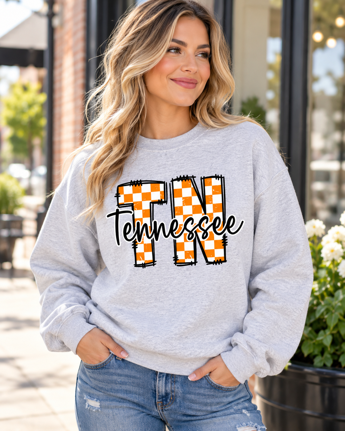 Tennessee TN Orange & White Checkered Graphic Sweatshirt | Women's Game Day Crewneck | Boutique Vols Spirit Wear