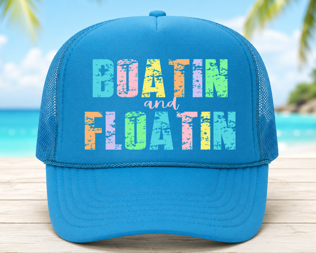 Boatin’ and Floatin’ Foam Trucker Hat | Summer Lake Graphic Mesh Cap | Boat Day Vacation Hat