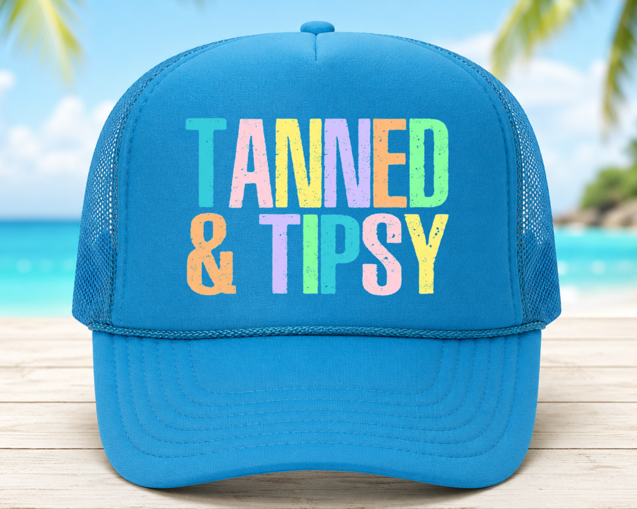 Tanned & Tipsy Foam Trucker Hat | Summer Party Graphic Mesh Cap | Bright Vacation Beach Hat