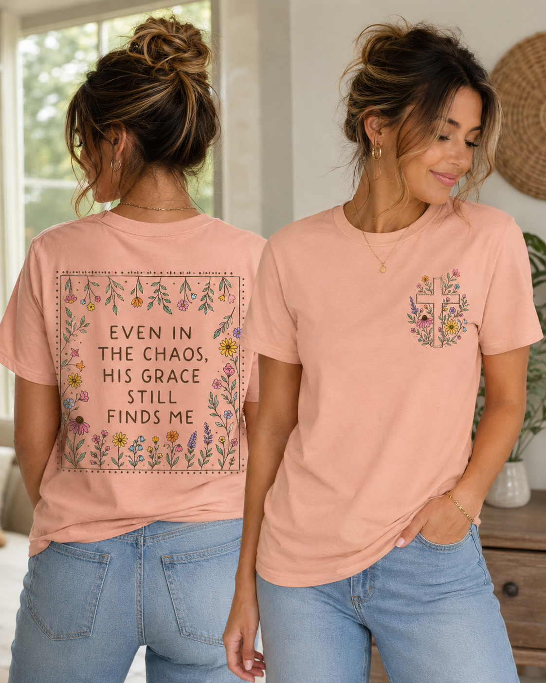 Even in the Chaos, His Grace Still Finds Me Floral Christian Tee - Faith Based Graphic Shirt - Gildan Unisex Fit Boutique Tee