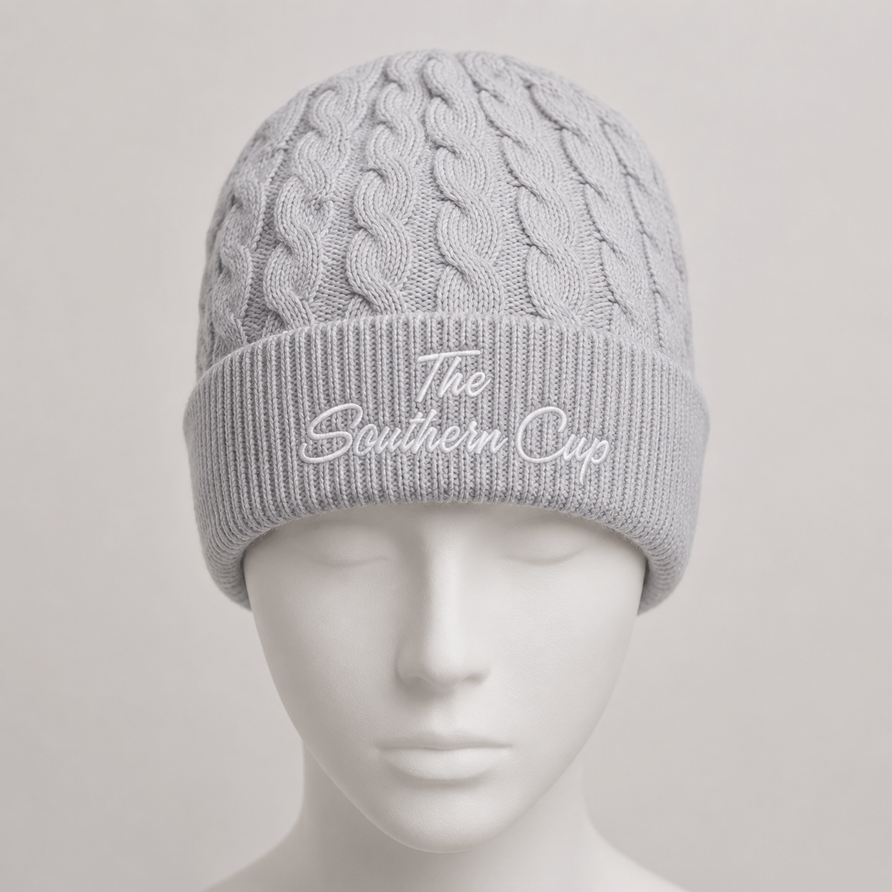The Southern Cup White Script Embroidered Cable Knit Beanie | 12" Rib Cuff Winter Hat