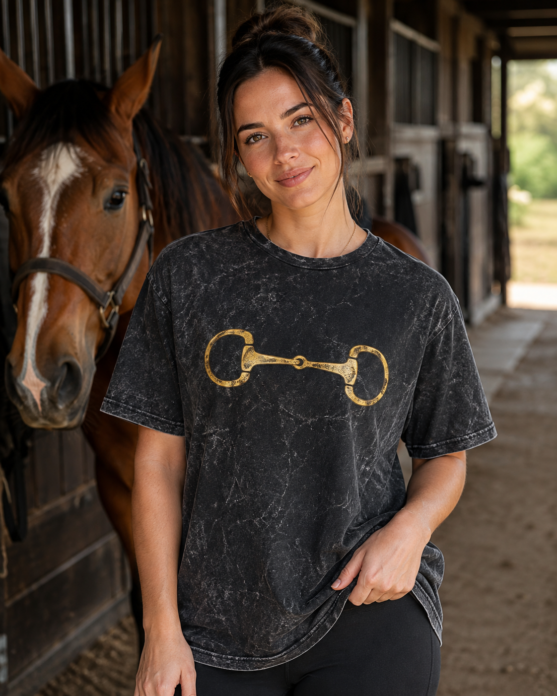 Gold Horse Bit Graphic Tee - Western Boutique Shirt - Vintage Wash Cowgirl Tee