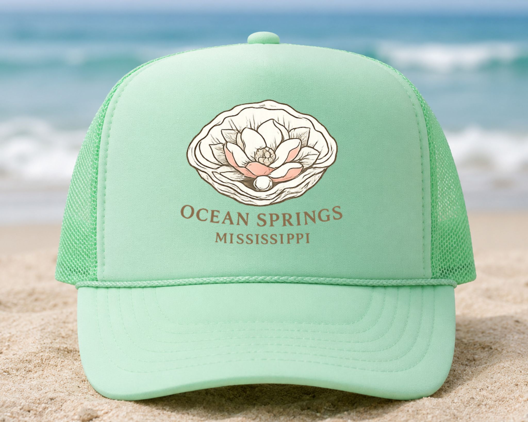 Ocean Springs Mississippi Foam Trucker Hat | Coastal Oyster Graphic Mesh Cap | Beach Souvenir Hat