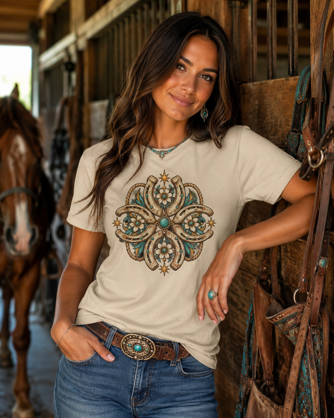 Ornate Horseshoe Graphic Tee - Western Boutique Shirt - Gildan Unisex Fit Cowgirl Tee