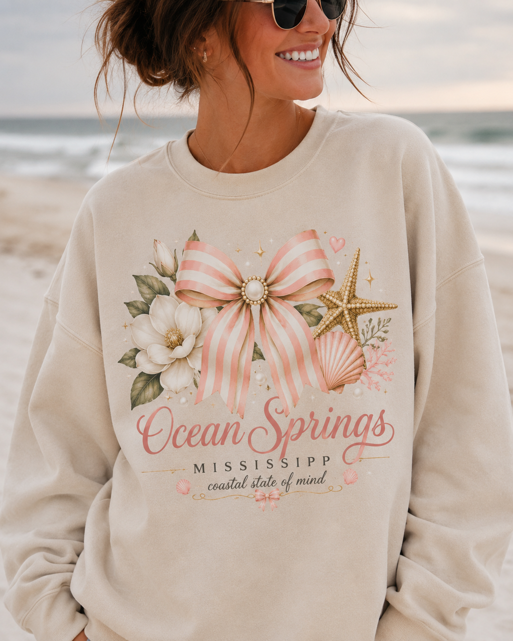 Ocean Springs Mississippi Coastal Bow Sweatshirt - Beach Vacation Graphic Sweatshirt - Gildan Unisex Fit Boutique Crewneck