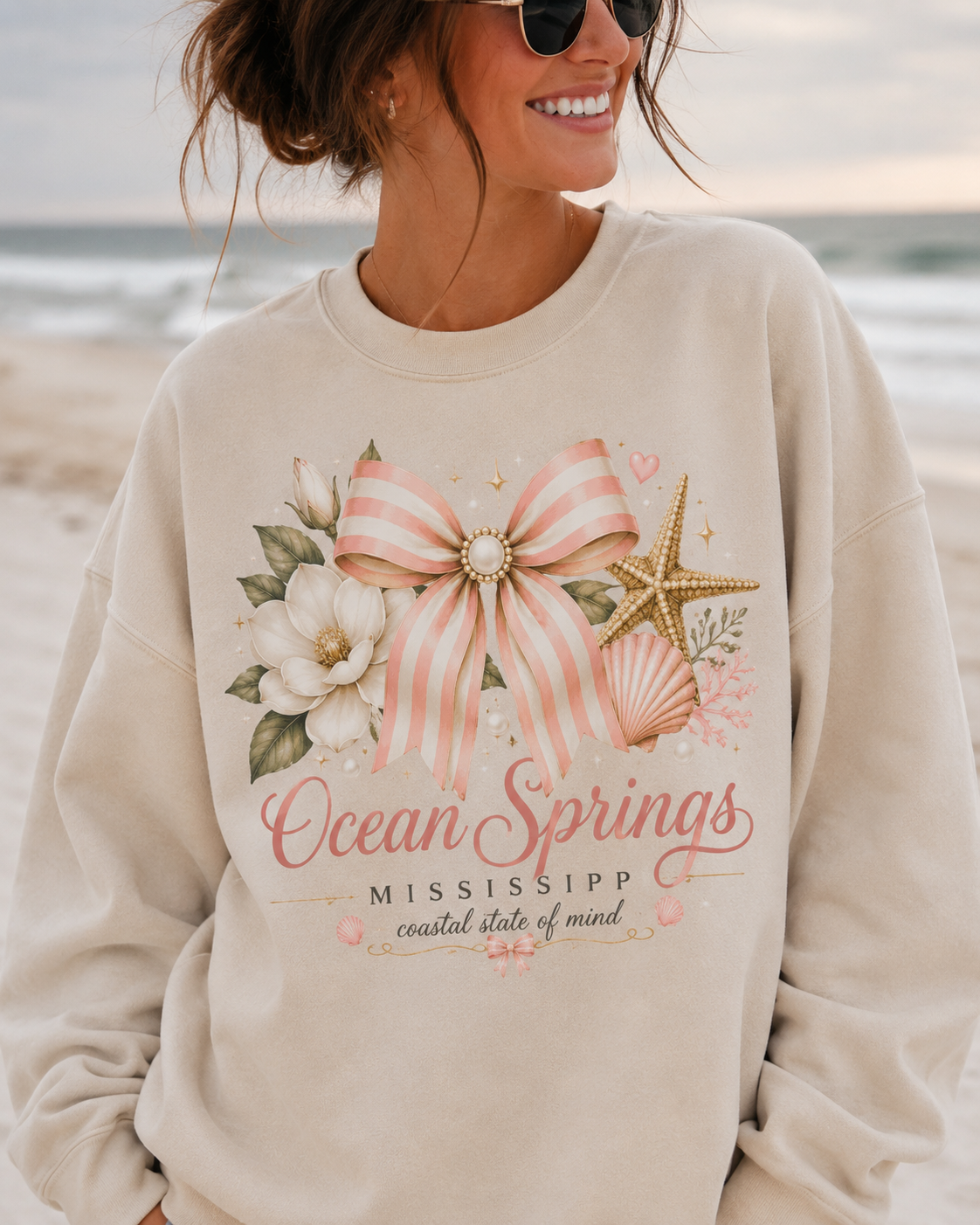Ocean Springs Mississippi Coastal Bow Sweatshirt - Beach Vacation Graphic Sweatshirt - Gildan Unisex Fit Boutique Crewneck