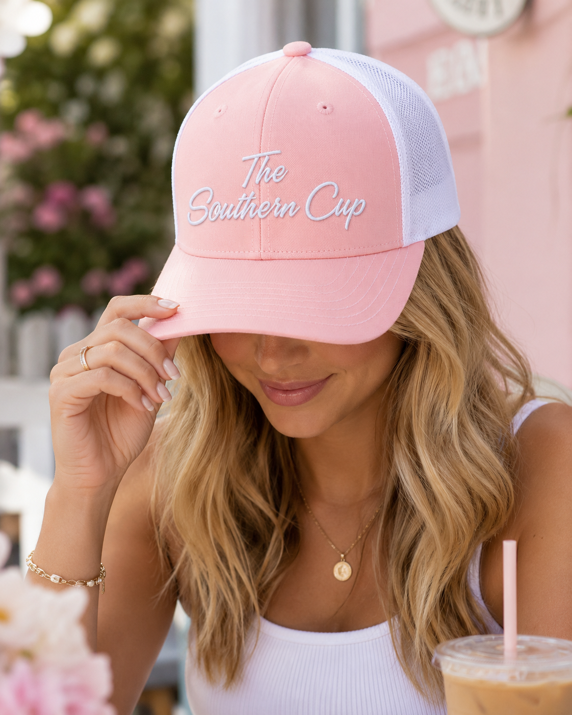 The Southern Cup Pink Trucker Hat | White Embroidered Coffee Shop Logo Cap
