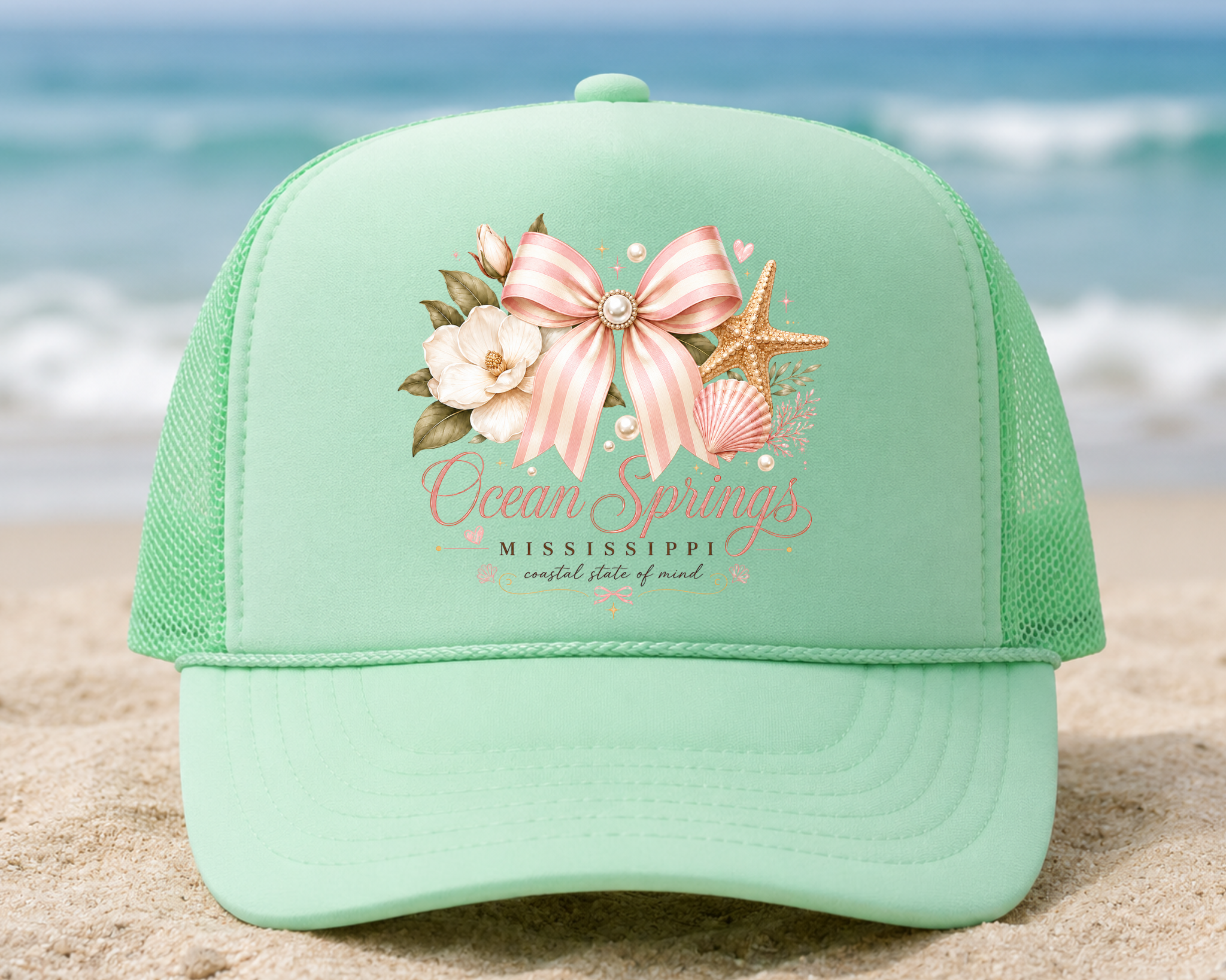 Ocean Springs Mississippi Foam Trucker Hat | Coastal Bow Graphic Mesh Cap | Beach Souvenir Hat