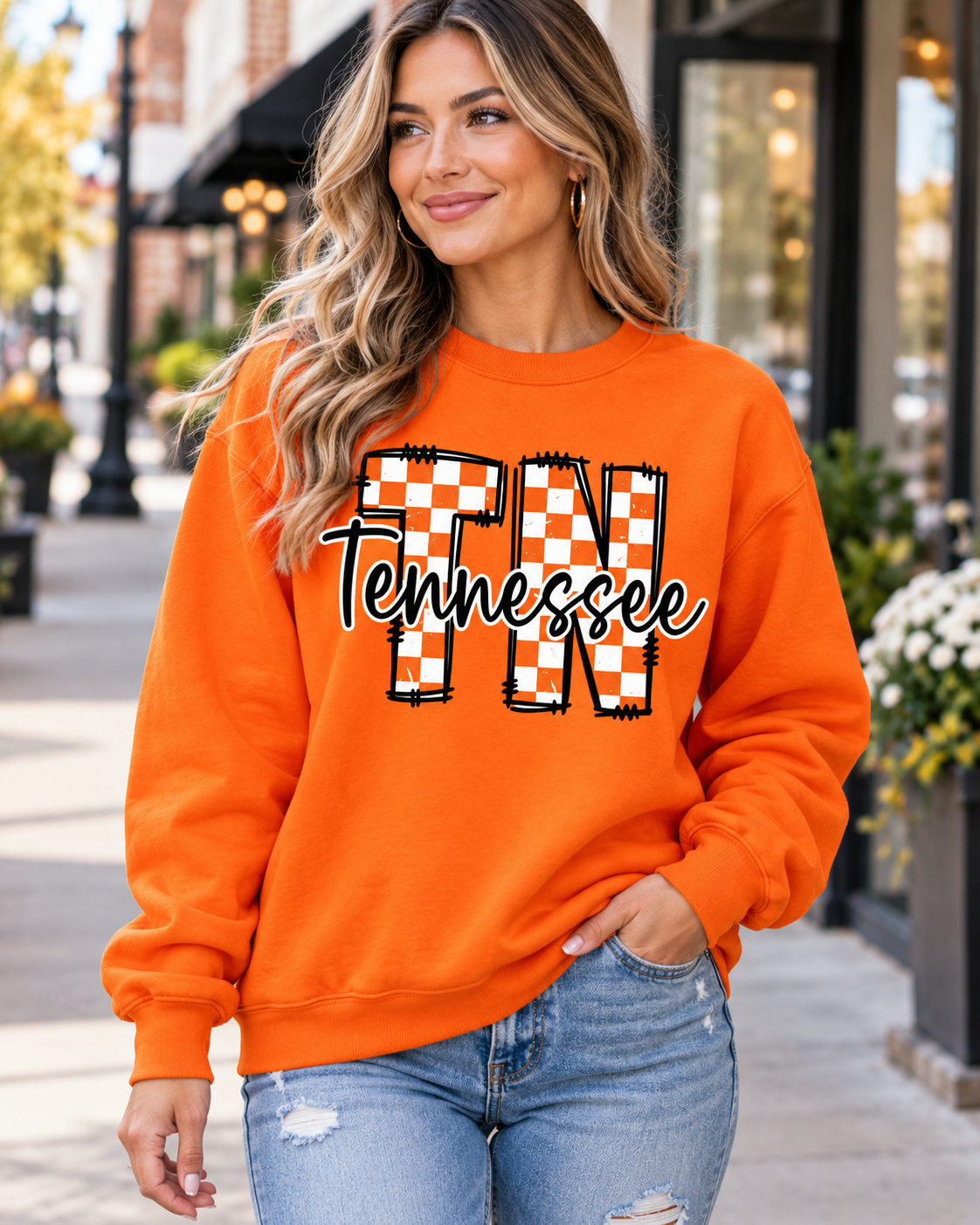 Tennessee Checkered TN Graphic Sweatshirt | Premium Orange Game Day Crewneck | Vols Inspired Boutique Spirit Wear