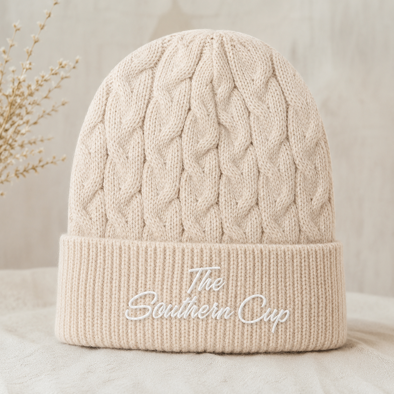 The Southern Cup White Script Embroidered Cable Knit Beanie | 12" Rib Cuff Winter Hat