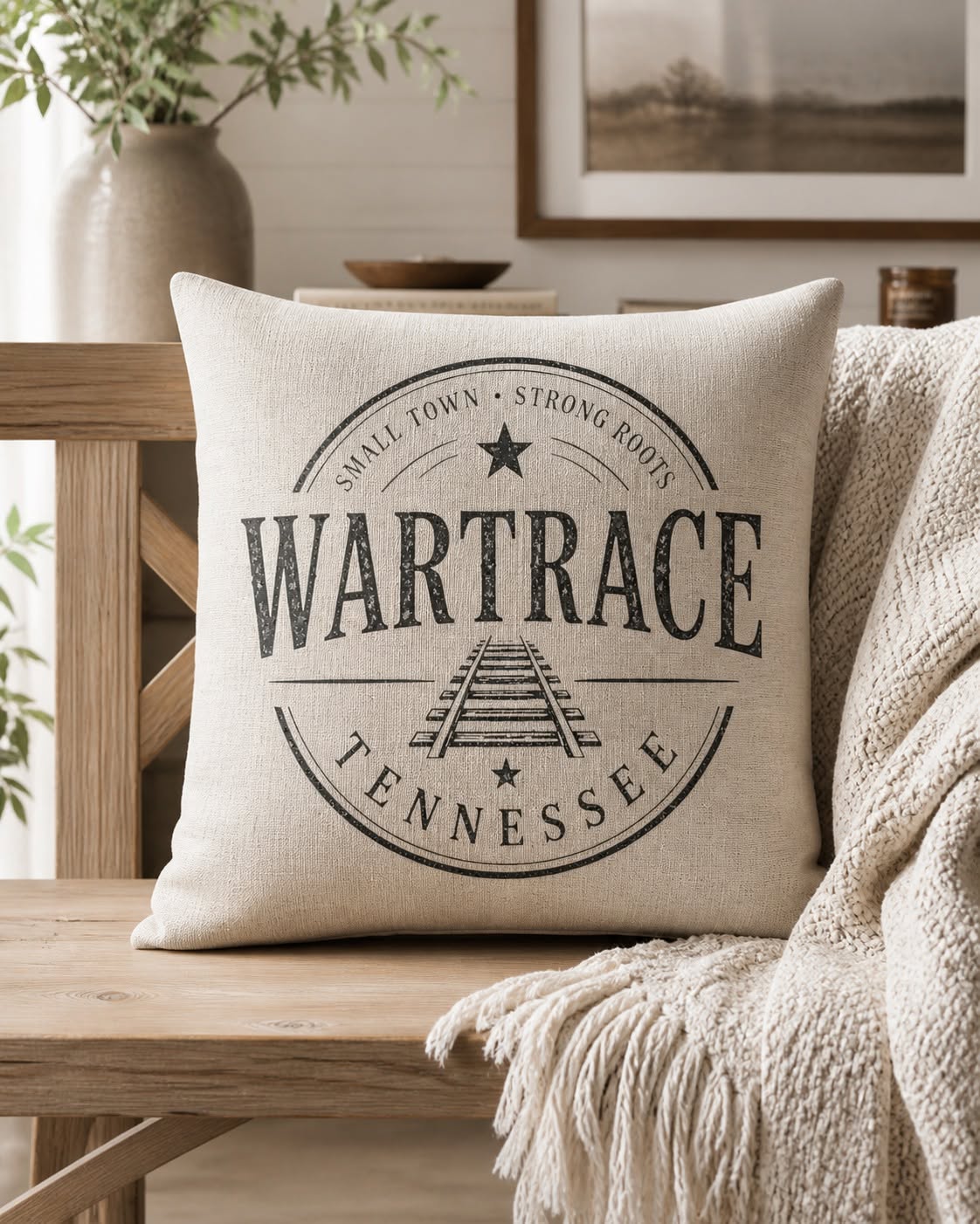 Wartrace Tennessee Throw Pillow Cover| Exclusive Small Town Strong Roots Farmhouse Pillow Cover