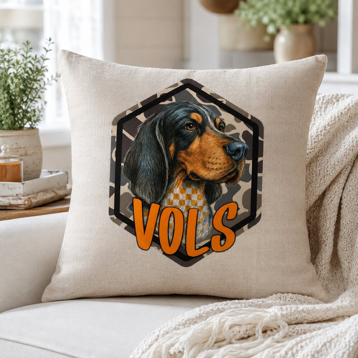 Tennessee Vols Throw Pillow Cover | Camo Hound Dog Farmhouse Pillow