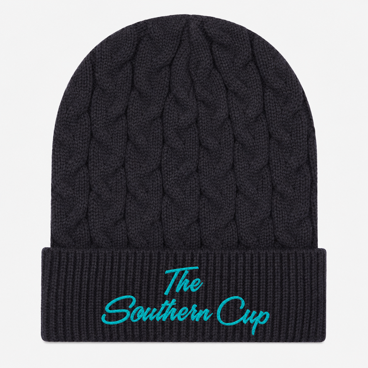 The Southern Cup Turquoise Script Embroidered Cable Knit Beanie | 12" Rib Cuff Winter Hat