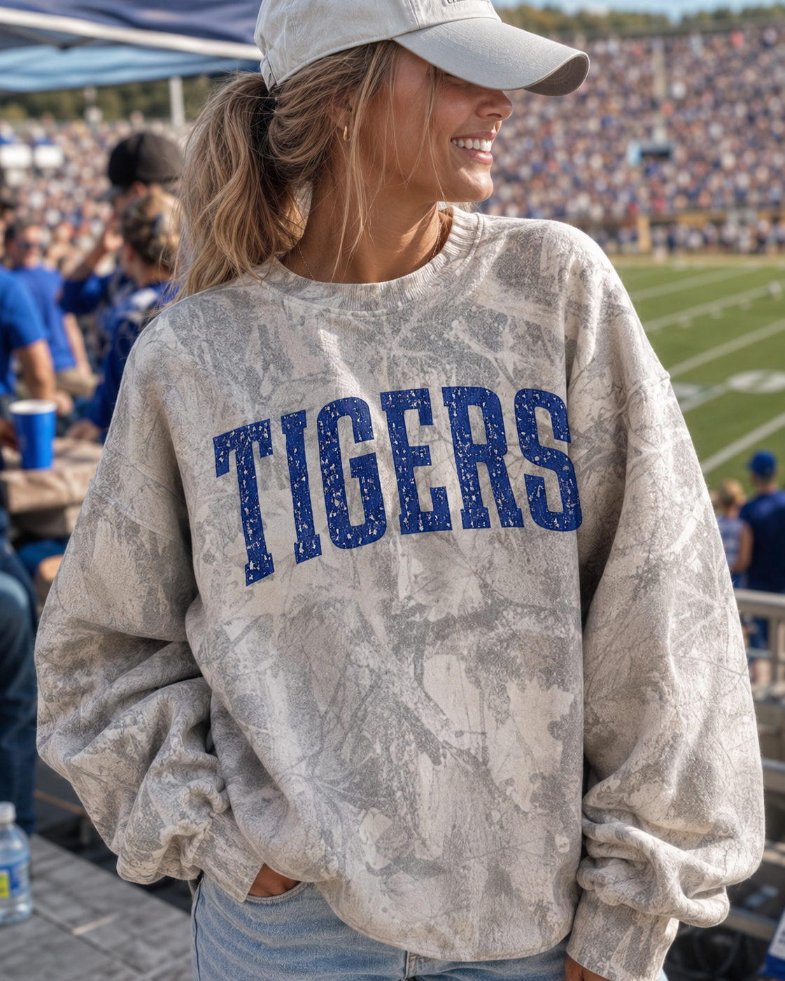 Navy/Blue TIGERS Camo Sweatshirt - Distressed Game Day Crewneck - Boutique Football Pullover