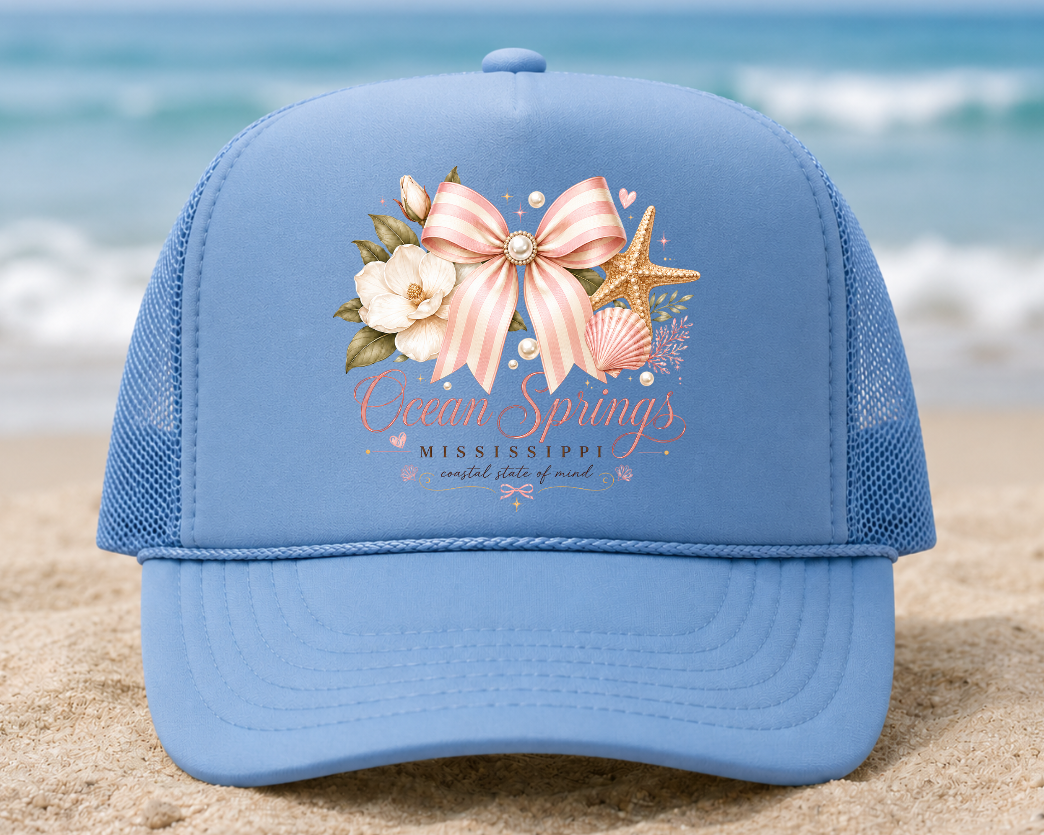 Ocean Springs Mississippi Foam Trucker Hat | Coastal Bow Graphic Mesh Cap | Beach Souvenir Hat