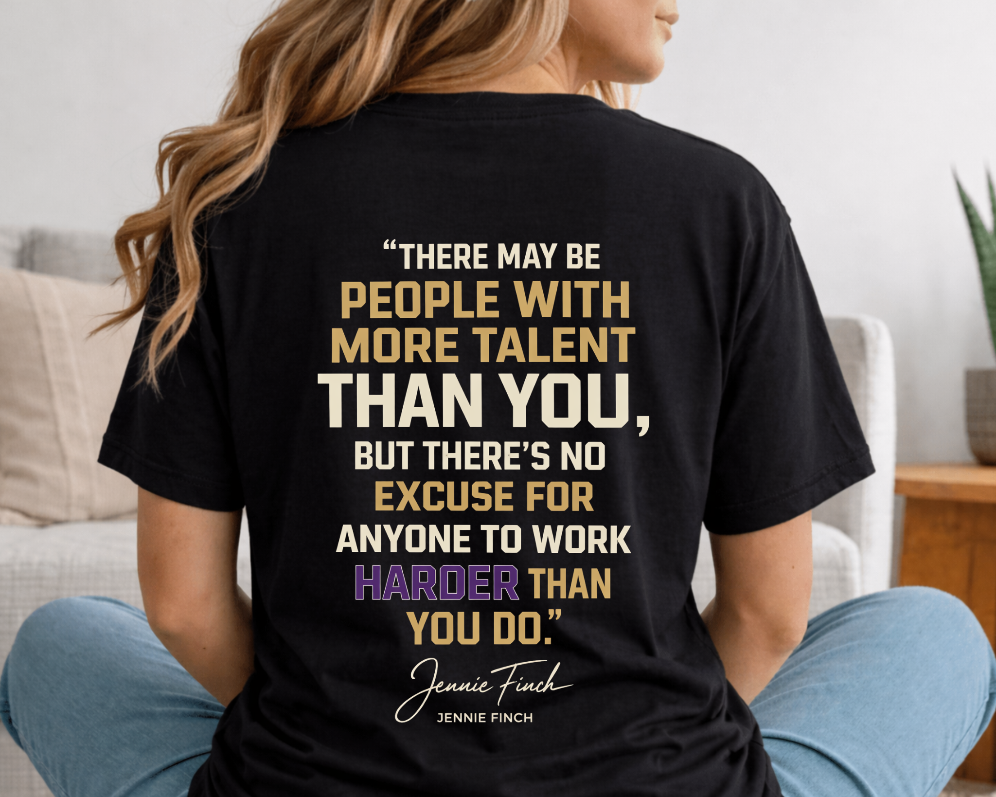 Community Softball Black Tee | Purple + Gold Front + Jennie Finch “Work Harder” Quote Back