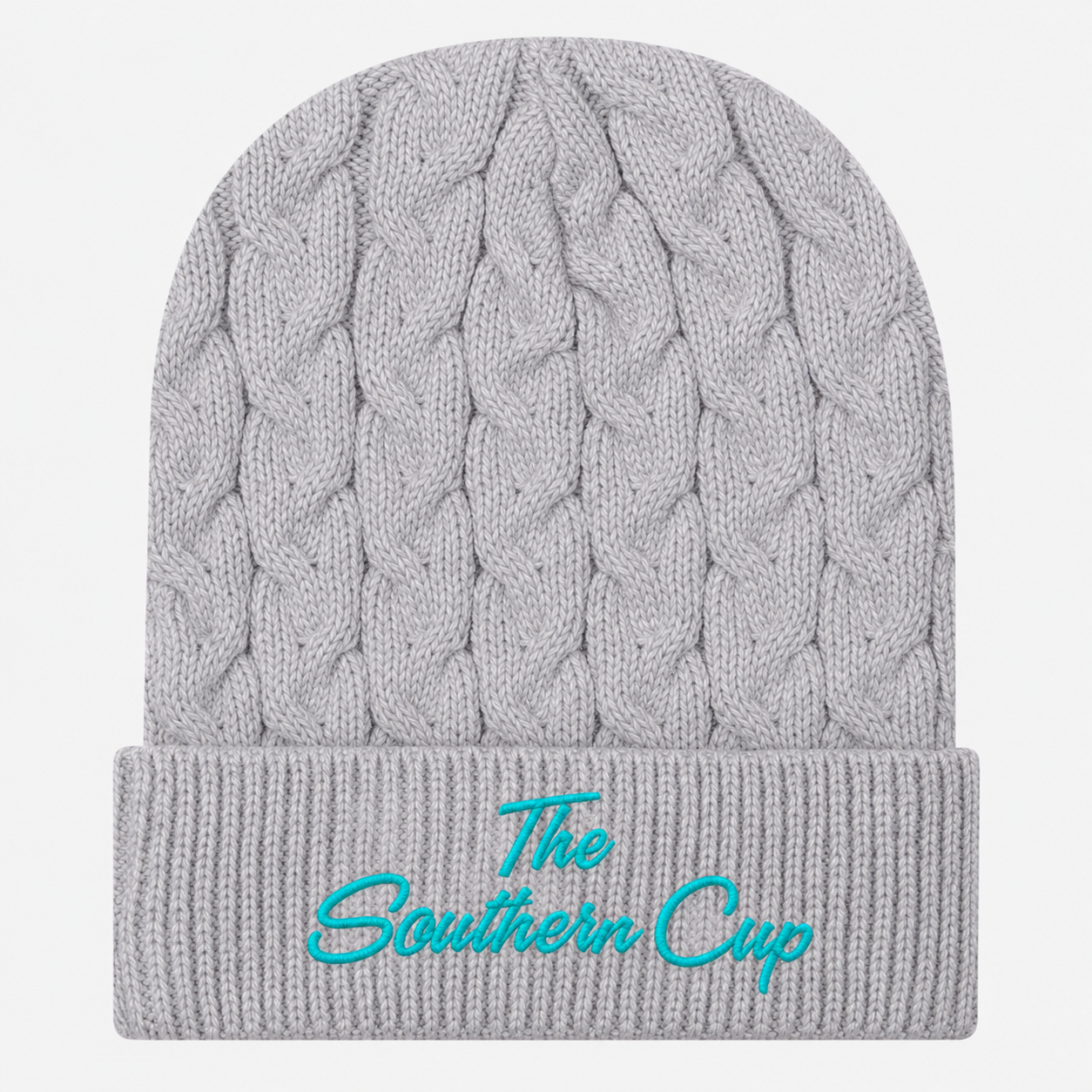 The Southern Cup Turquoise Script Embroidered Cable Knit Beanie | 12" Rib Cuff Winter Hat