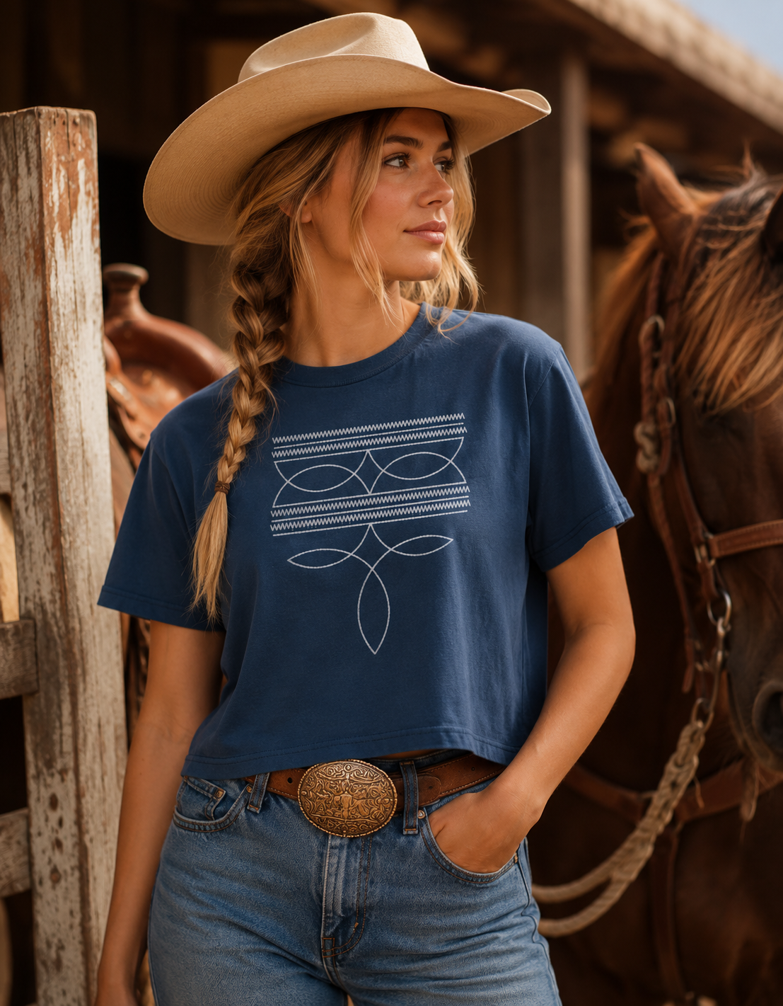 Western Bootstitch Boxy Tee - Minimal Cowgirl Graphic Shirt - Women’s Fine Jersey Mid-Length Boutique Tee