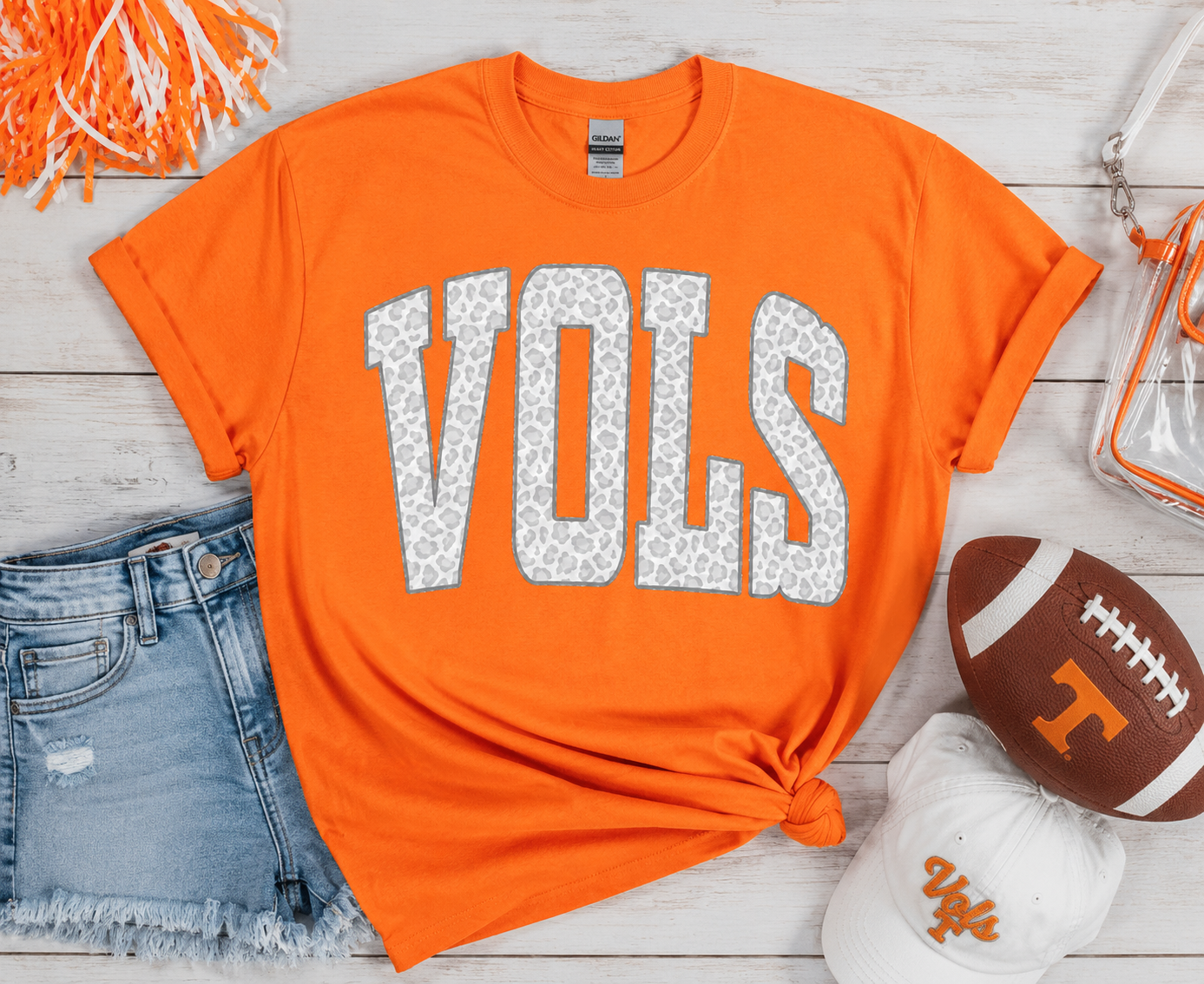 White Leopard VOLS Game Day Tee - Tennessee Football Shirt - Orange Gildan Unisex Fit Boutique Tee