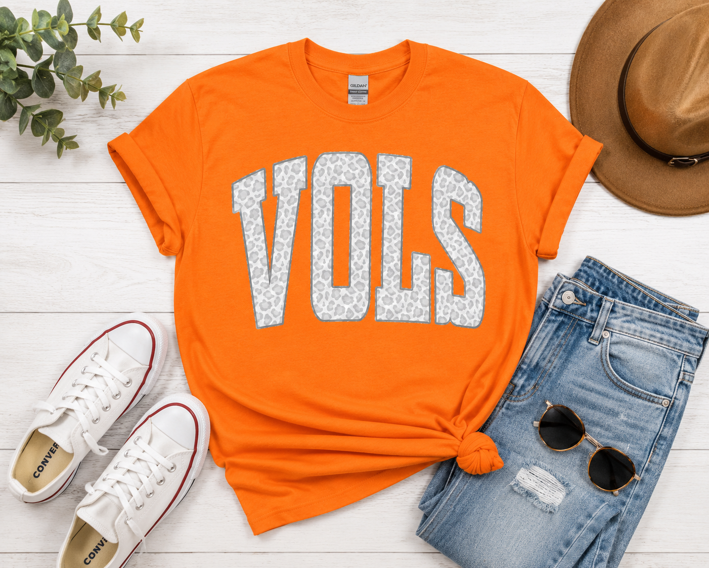 White Leopard VOLS Game Day Tee - Tennessee Football Shirt - Orange Gildan Unisex Fit Boutique Tee