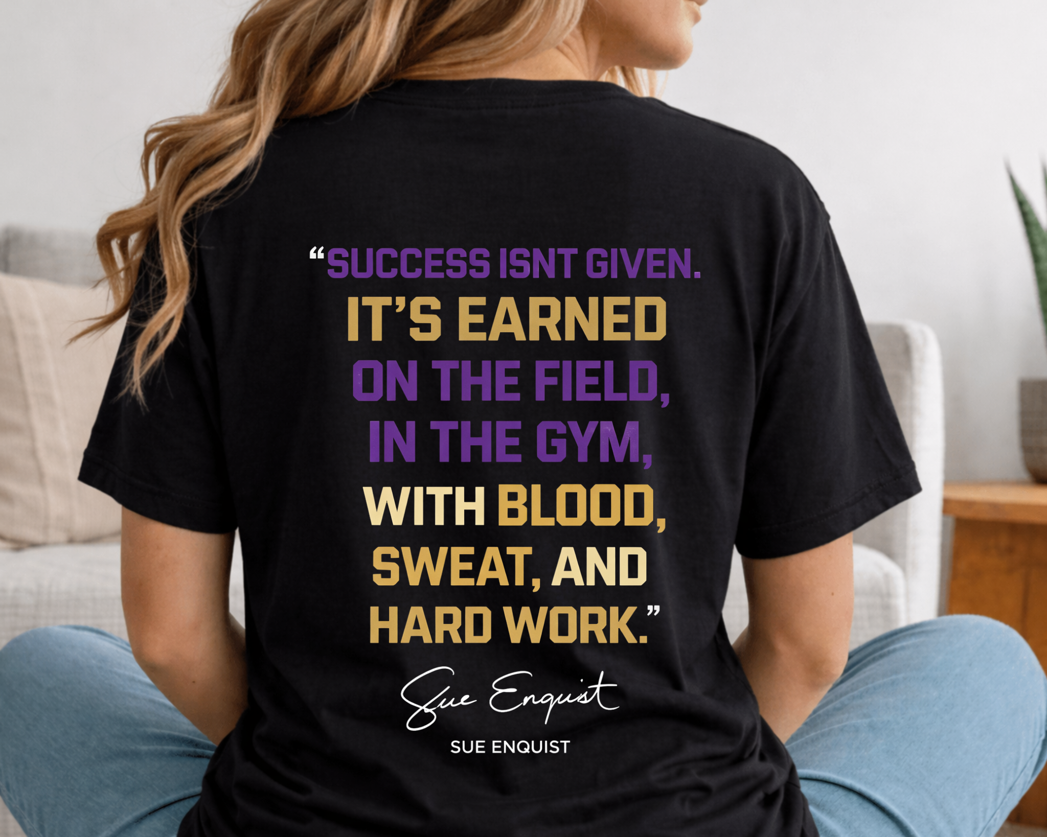 ViQueens Softball Black Tee | Crown Arch Front + Sue Enquist Quote Back (Purple + Gold)