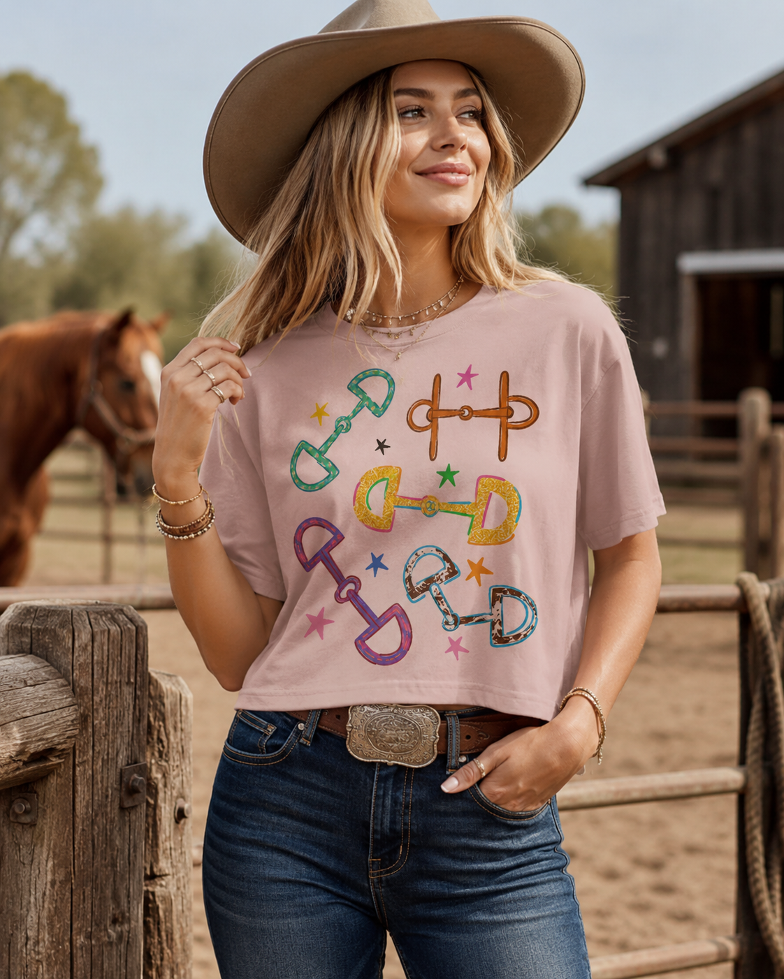 Western Horsebit Boxy Tee - Women’s Fine Jersey Mid-Length Graphic Tee - Boutique Cowgirl Shirt