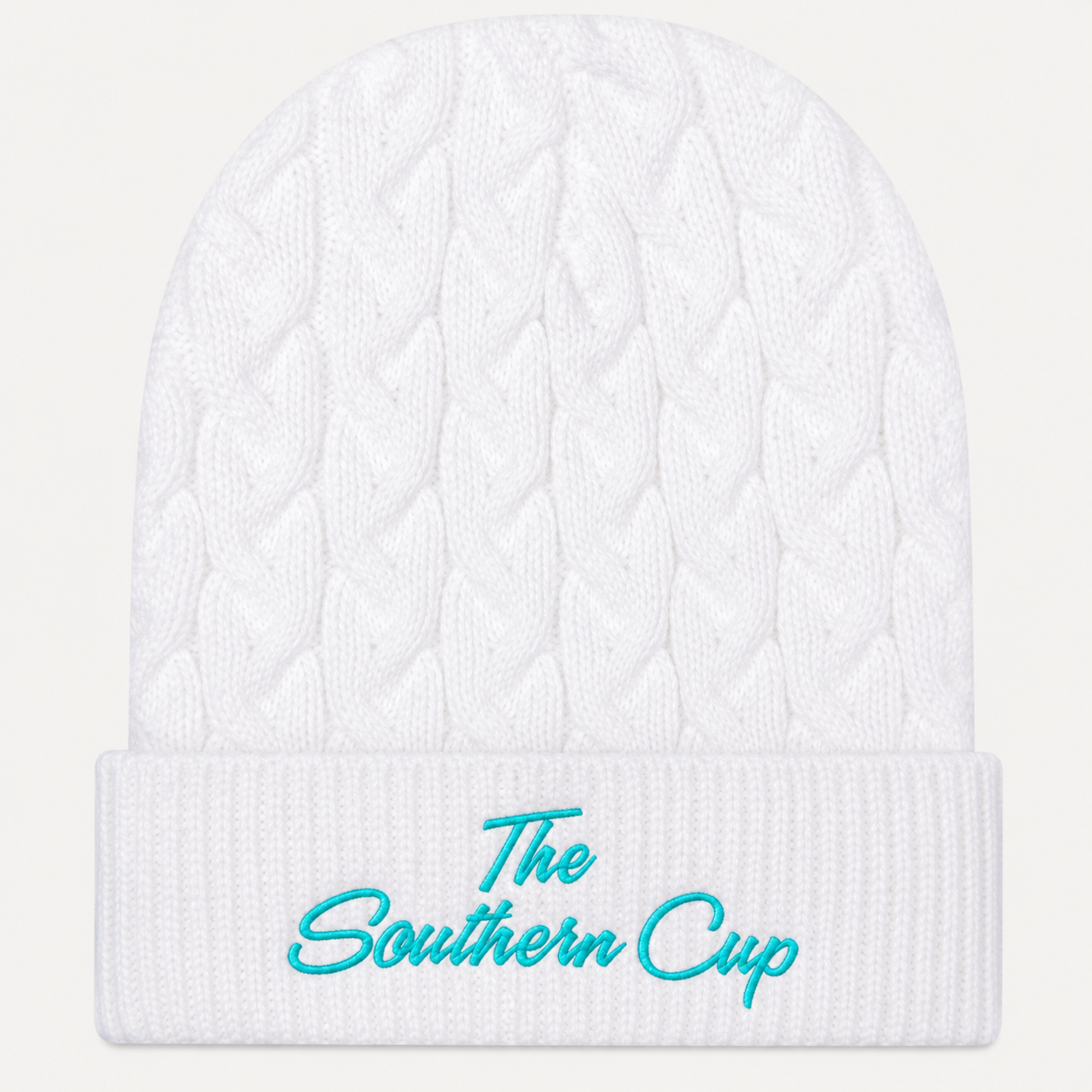 The Southern Cup Turquoise Script Embroidered Cable Knit Beanie | 12" Rib Cuff Winter Hat