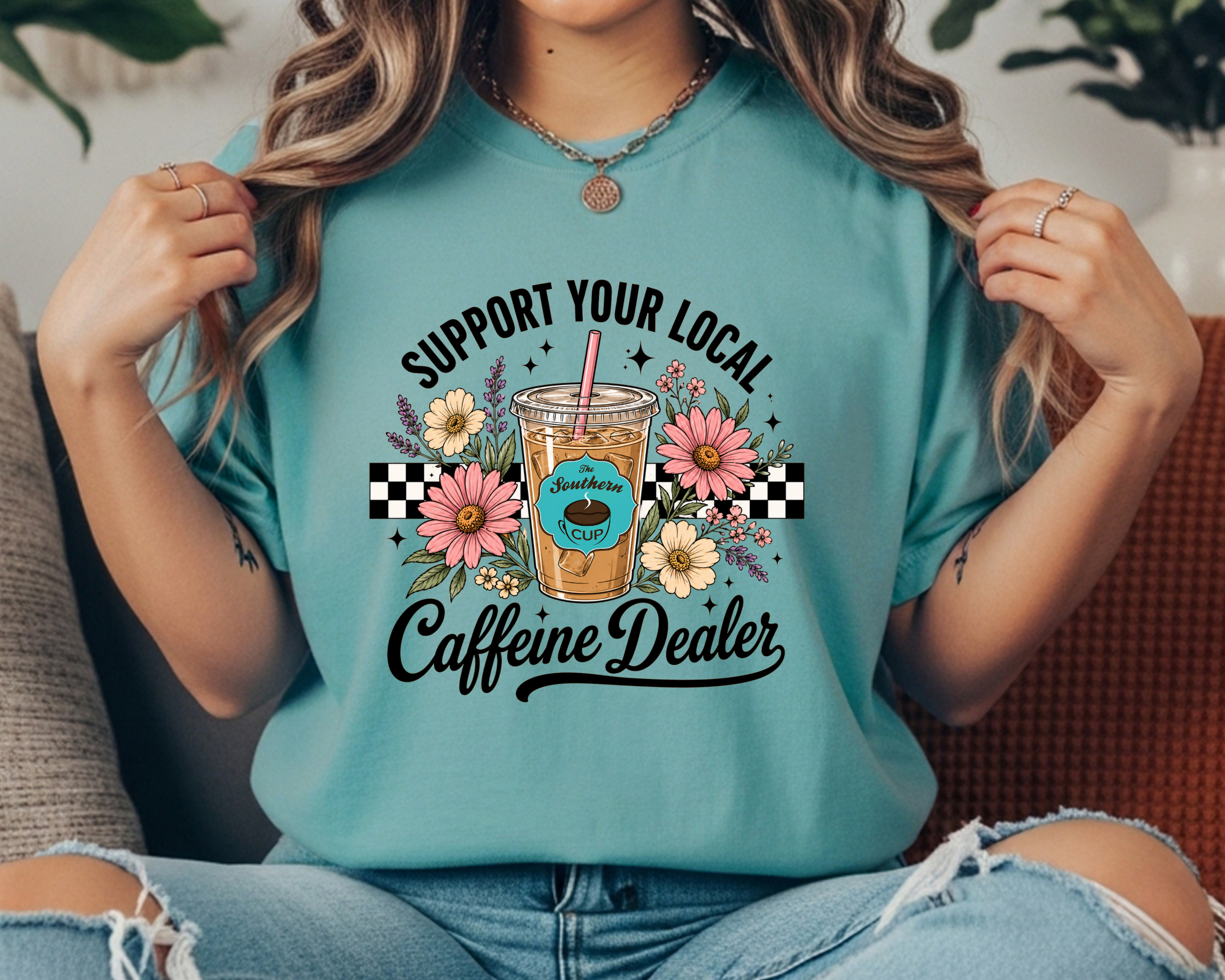The Southern Cup Floral Caffeine Dealer Comfort Colors Tee | Support Your Local Coffee Shop Shirt
