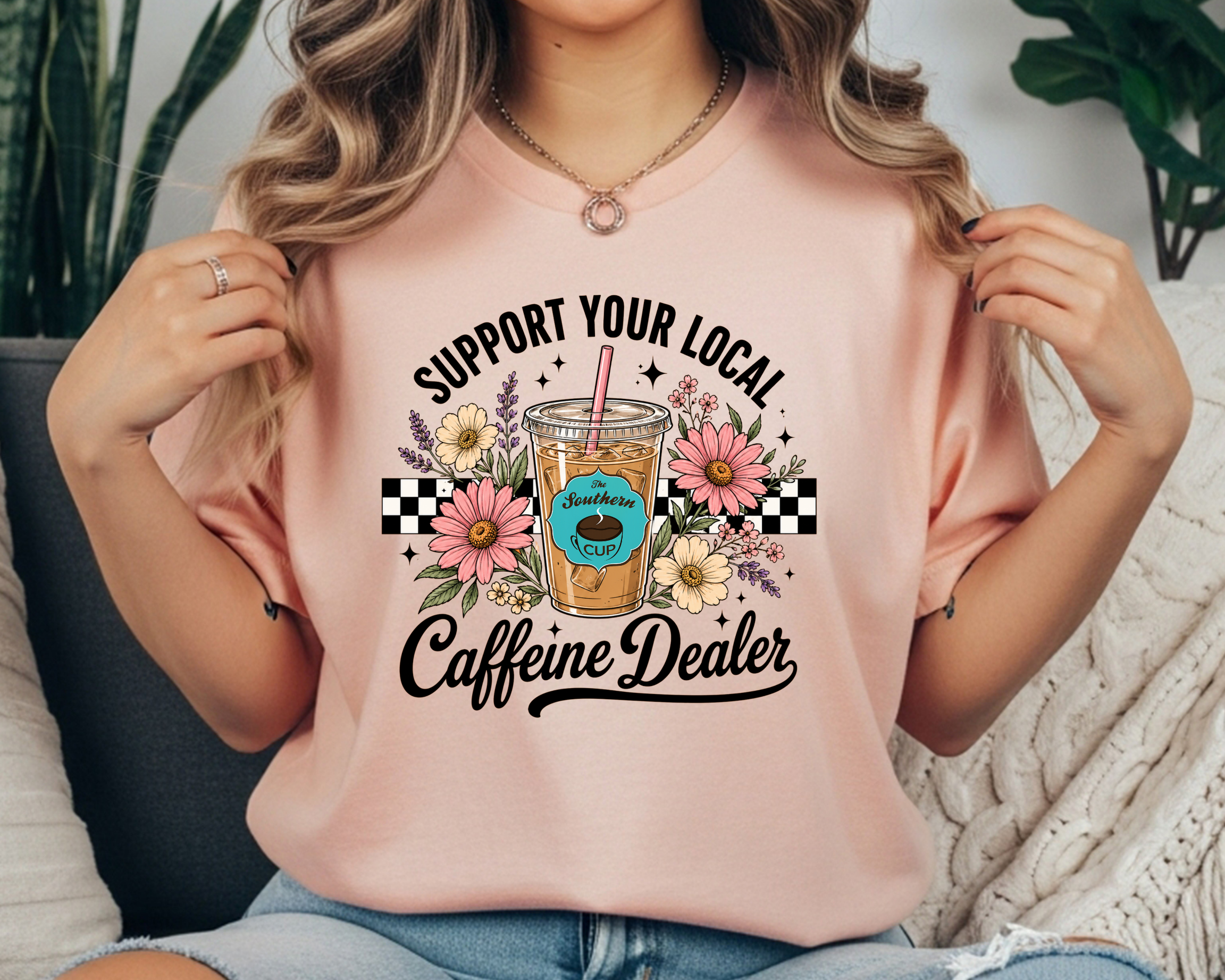 The Southern Cup Floral Caffeine Dealer Comfort Colors Tee | Support Your Local Coffee Shop Shirt
