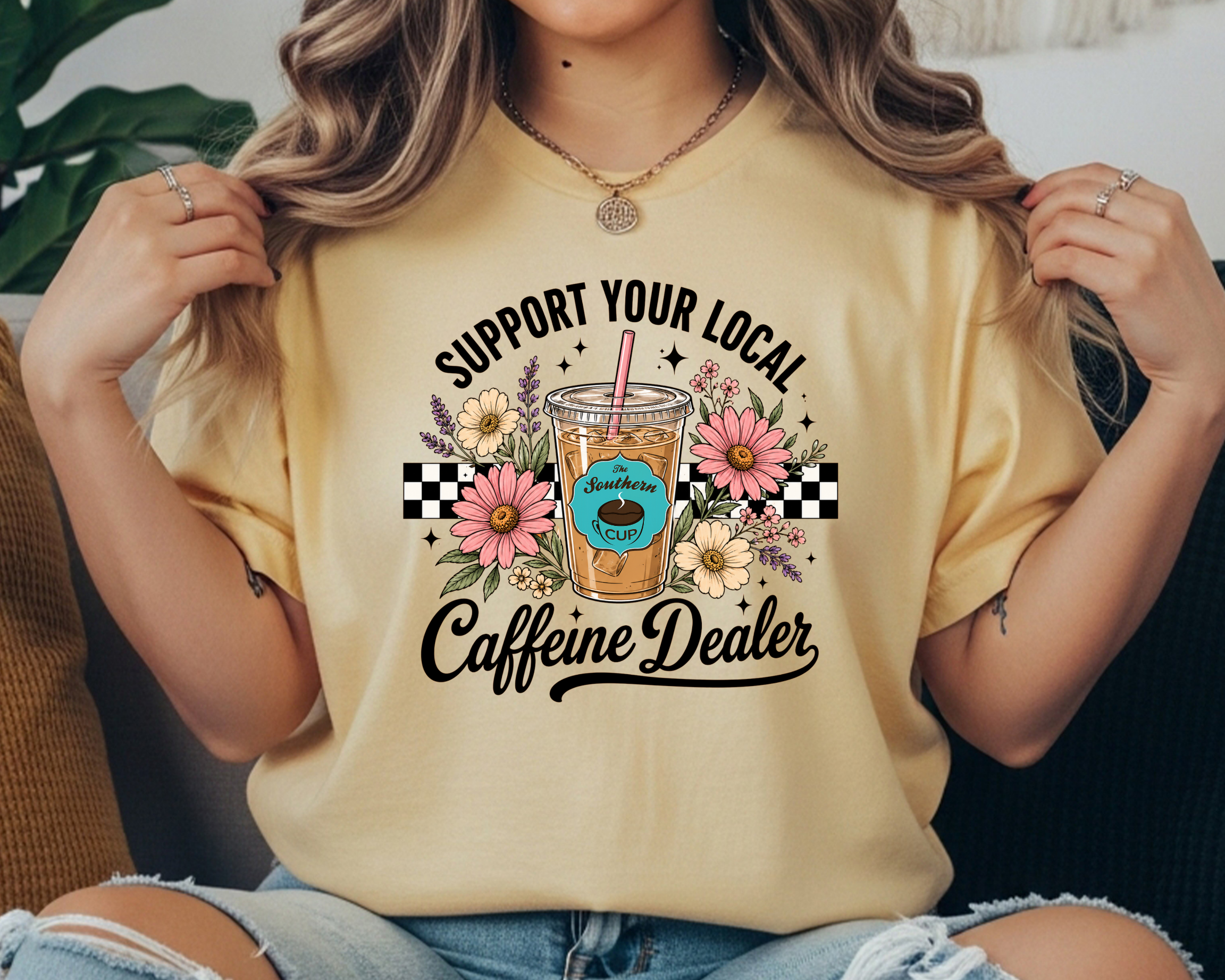 The Southern Cup Floral Caffeine Dealer Comfort Colors Tee | Support Your Local Coffee Shop Shirt