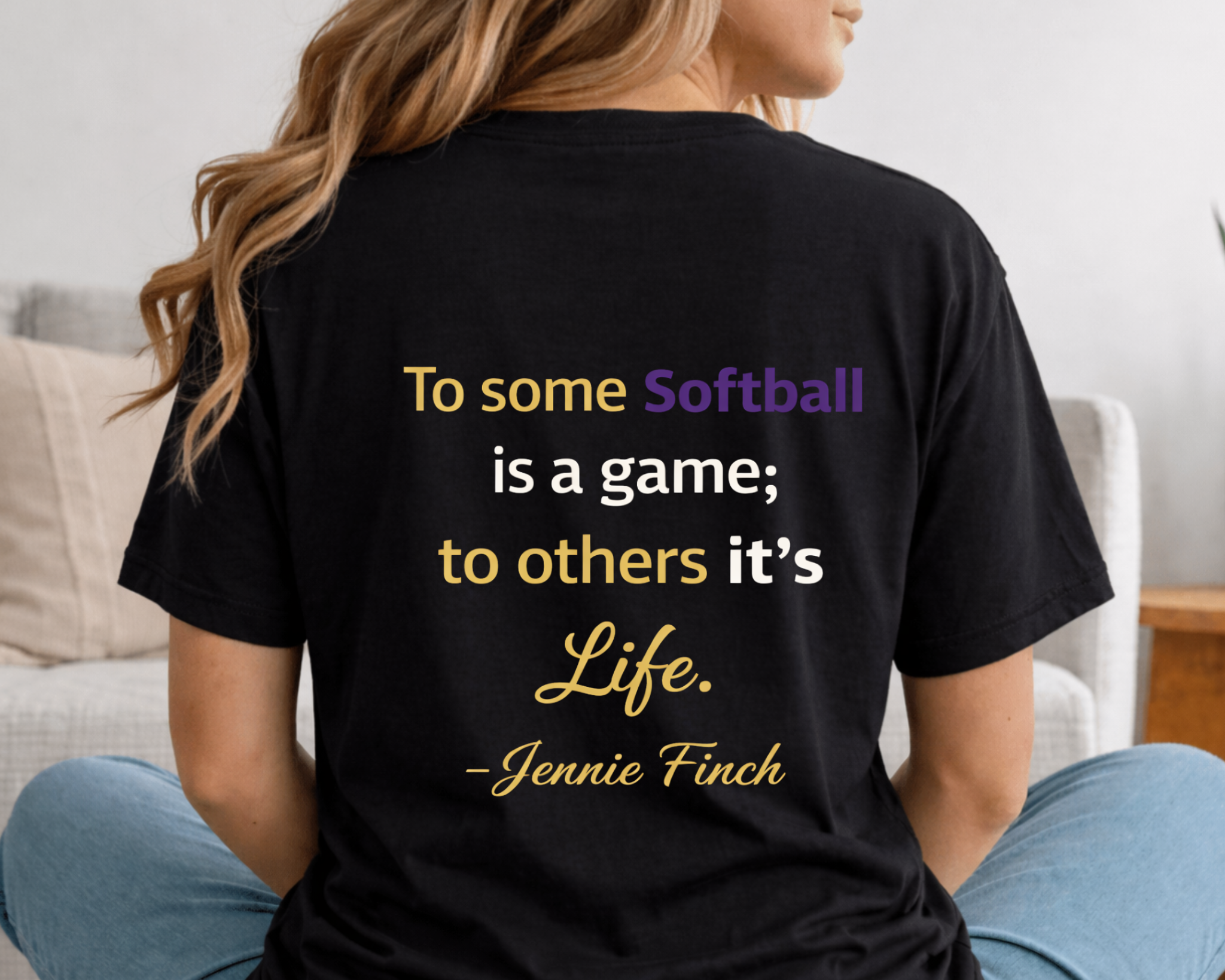 Community Softball Tee | Purple + Gold “U” Front + Jennie Finch Quote Back