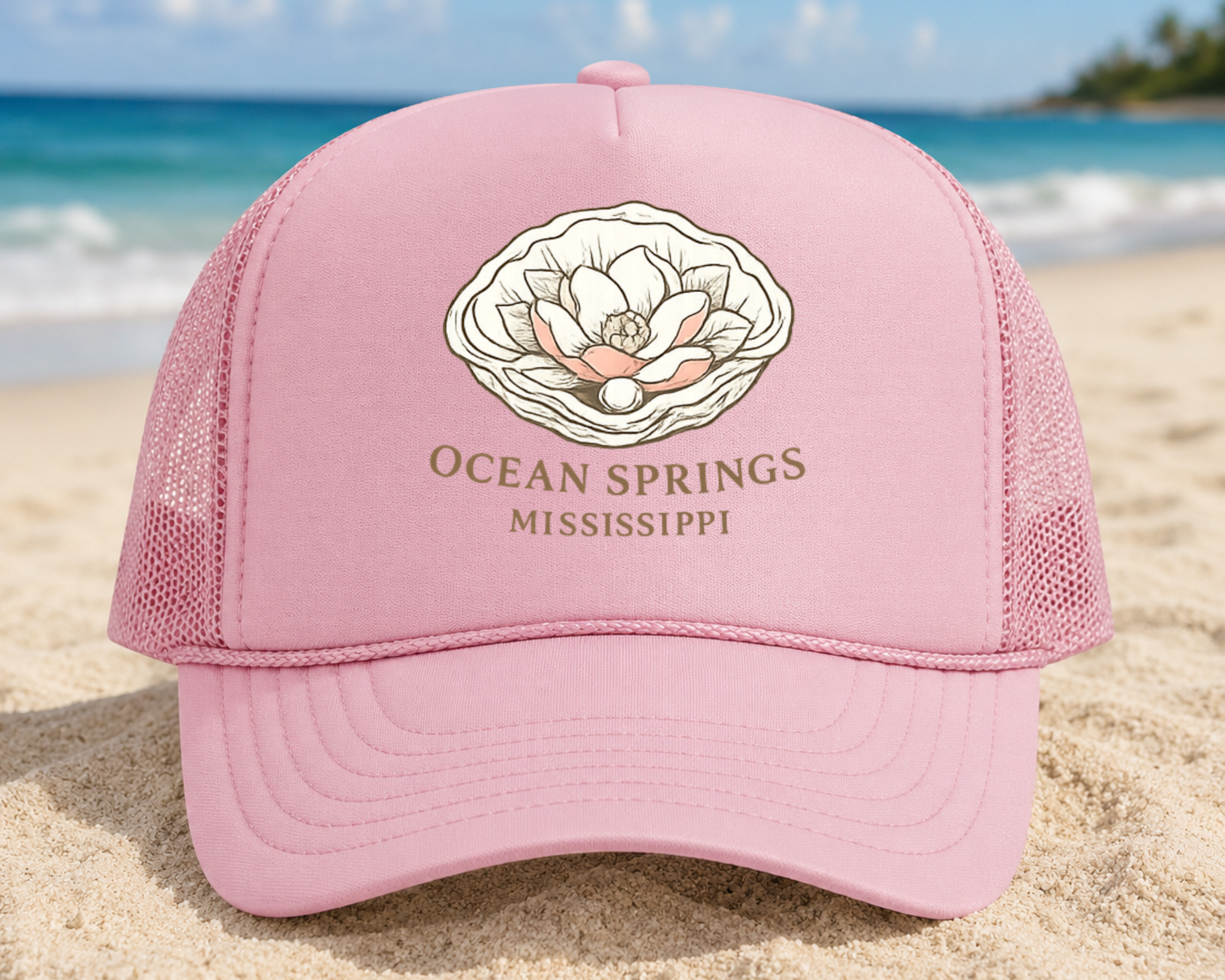 Ocean Springs Mississippi Foam Trucker Hat | Coastal Oyster Graphic Mesh Cap | Beach Souvenir Hat