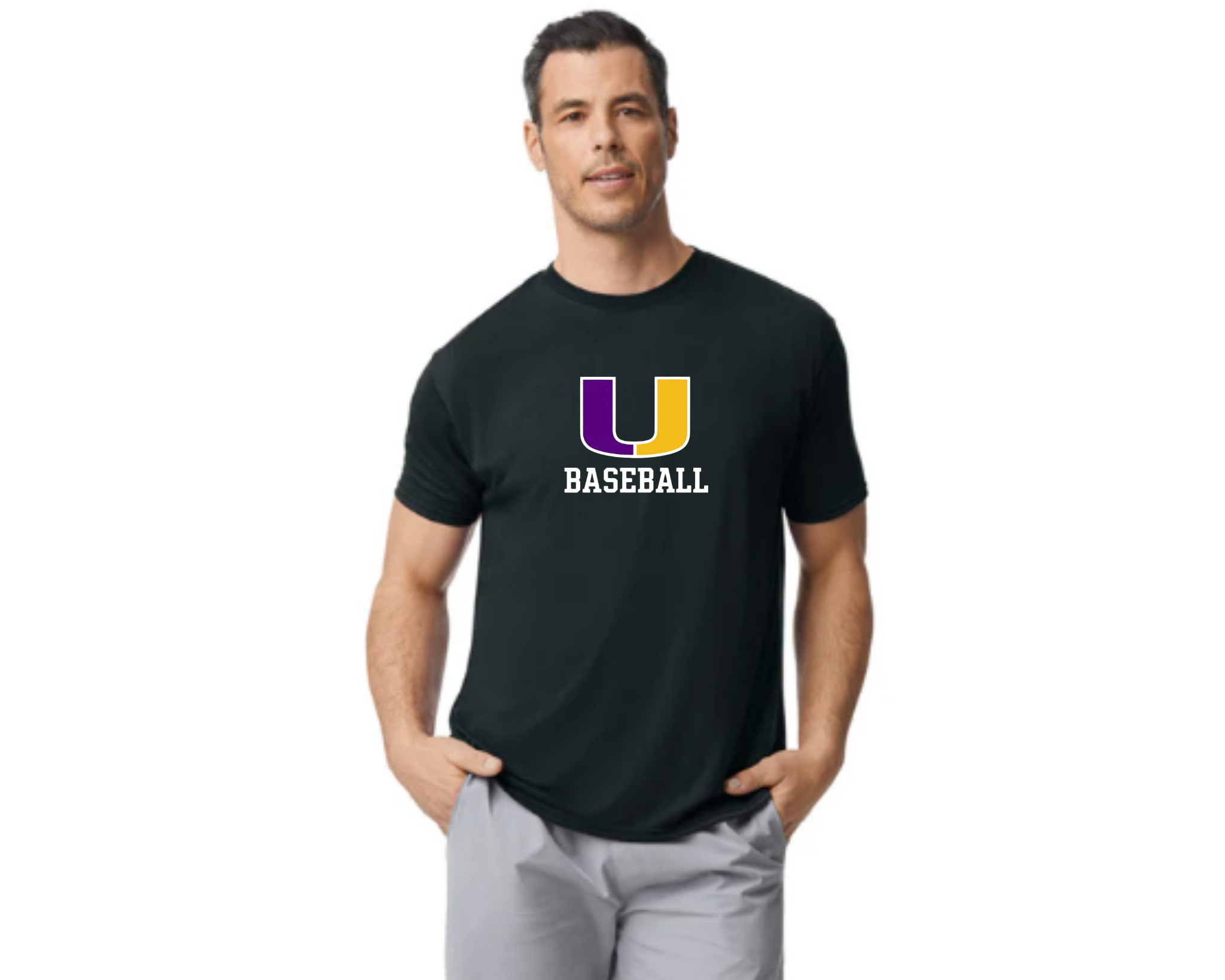 Black Unionville Baseball Performance Tee with purple and gold U logo and white “BASEBALL” text — 100% polyester athletic sublimation shirt.