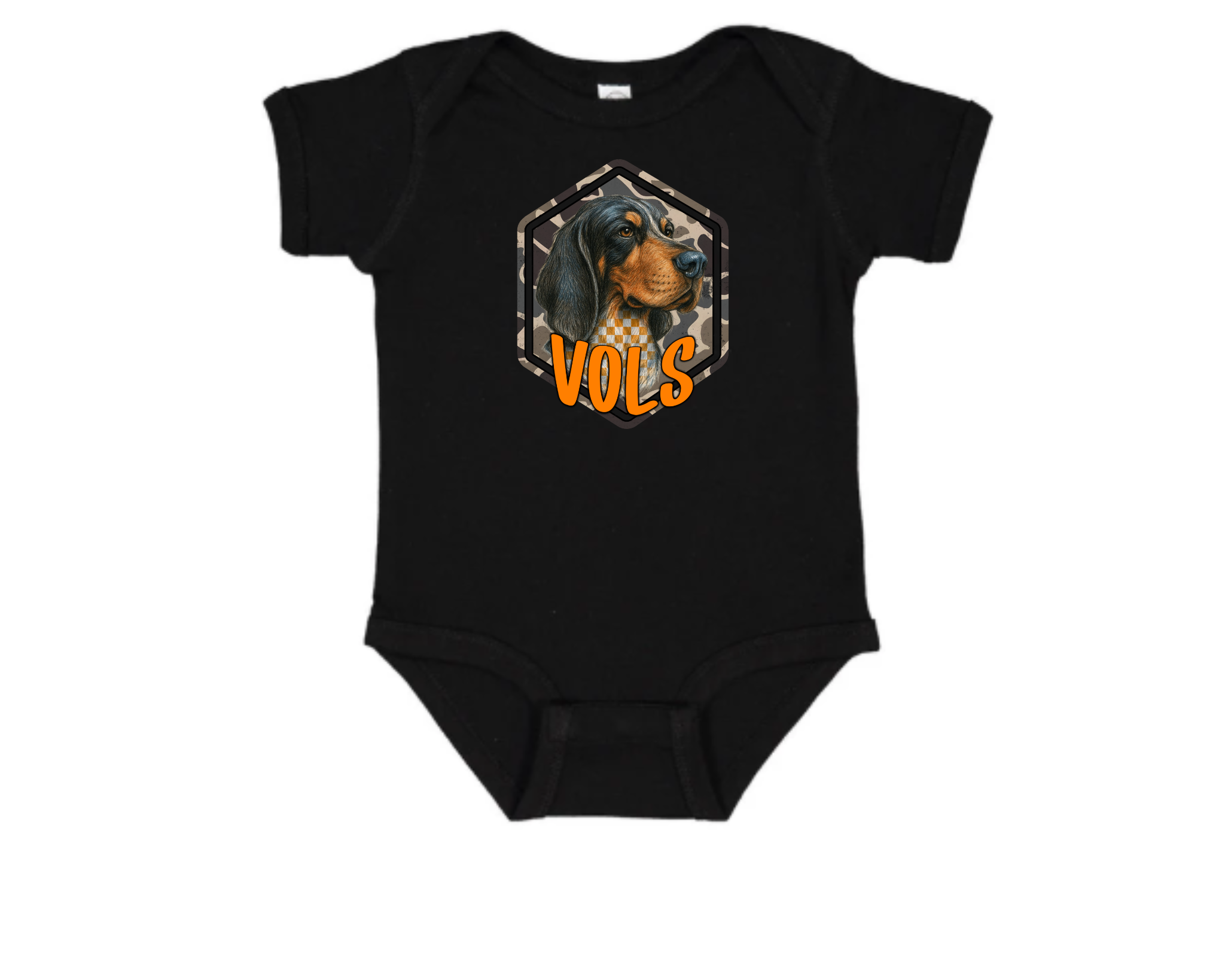 Black baby bodysuit with camo Smokey dog and orange “VOLS” text — Tennessee Volunteers infant short sleeve onesie.