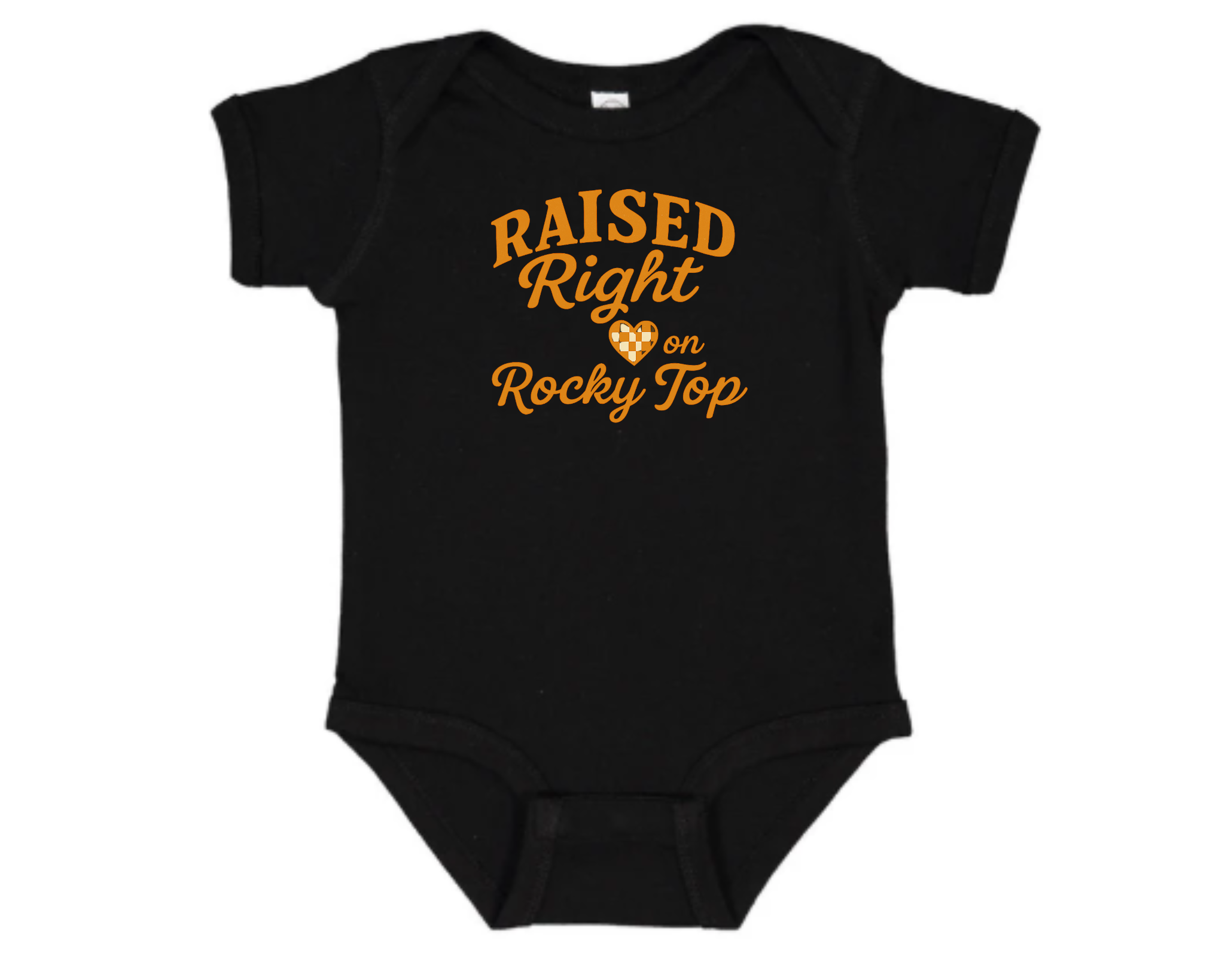 Black baby bodysuit with orange “Raised Right on Rocky Top” text and checkered heart — Tennessee Vols infant onesie.