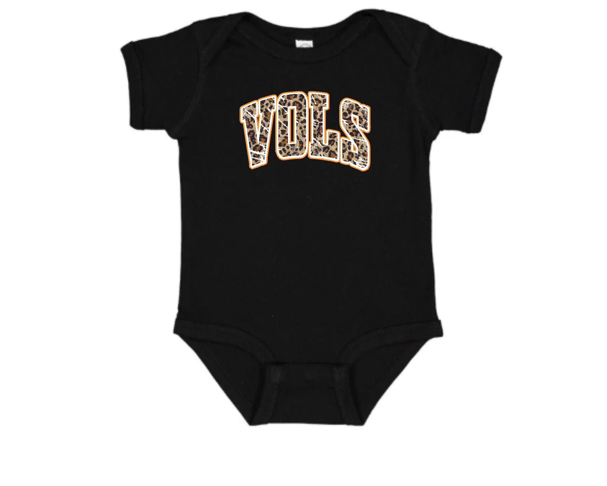 Black baby onesie with leopard “VOLS” text outlined in orange — Tennessee Vols short sleeve infant bodysuit.