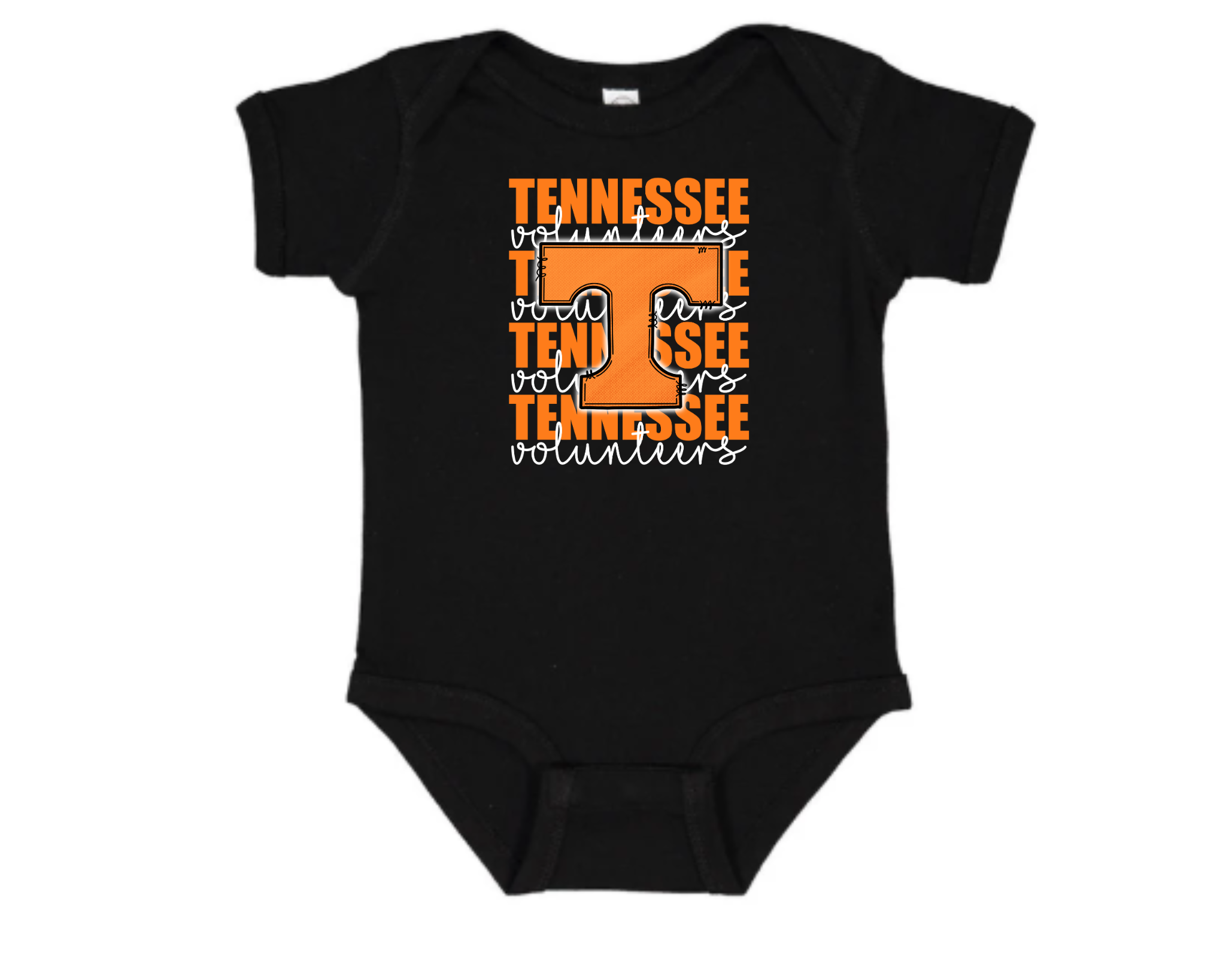 Black baby onesie with orange Power T and repeating “Tennessee Volunteers” text — Tennessee Vols infant short sleeve bodysuit.