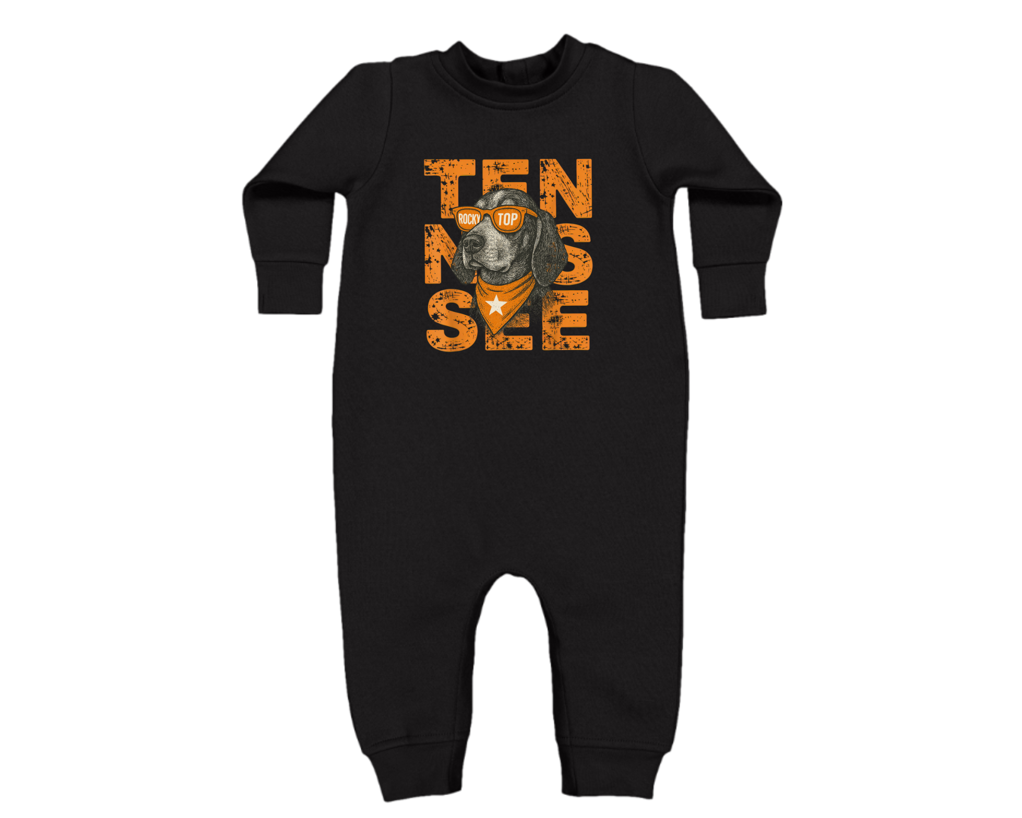 Black infant fleece bodysuit with Smokey dog wearing orange shades and “TENNESSEE” text — cozy baby Rocky Top game-day outfit.