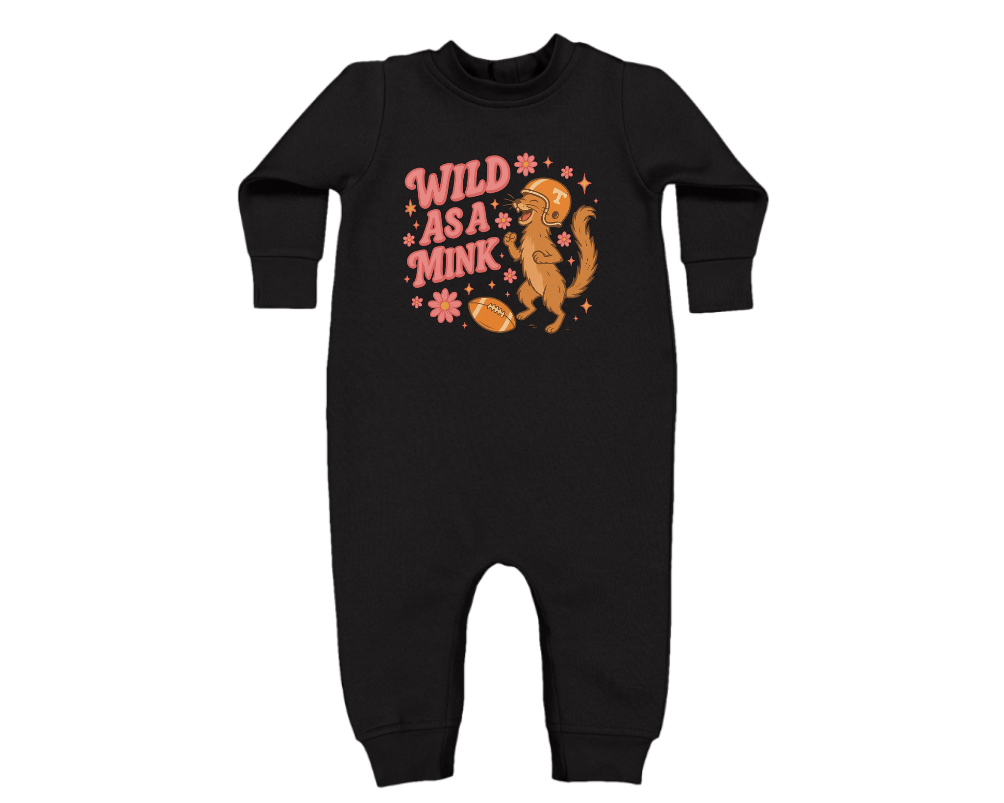 Black infant fleece bodysuit with “Wild as a Mink” text and retro Tennessee football mink design — cozy baby game-day outfit.