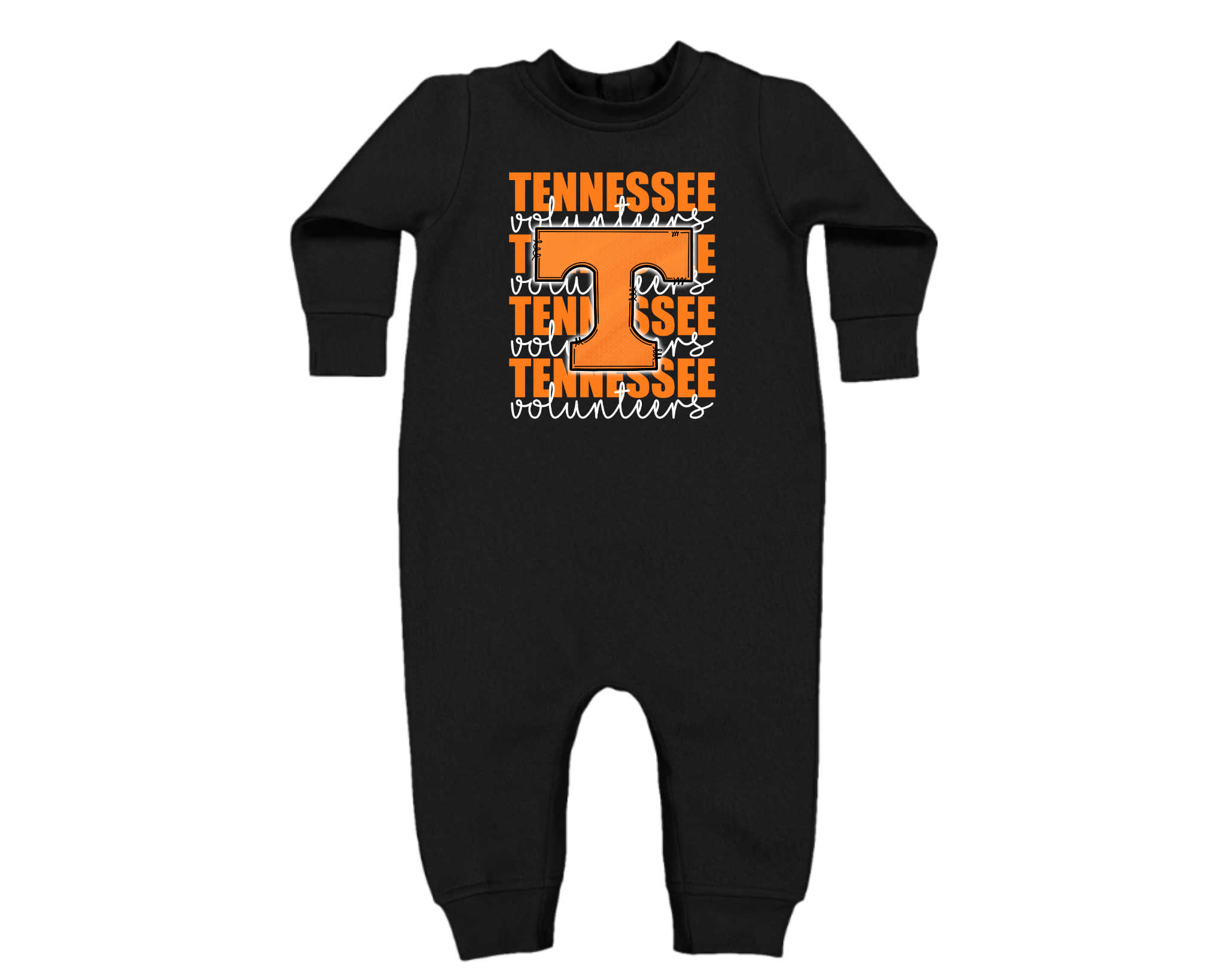 Black infant fleece bodysuit with orange Power T and layered “Tennessee Volunteers” text — cozy baby Tennessee game-day outfit.