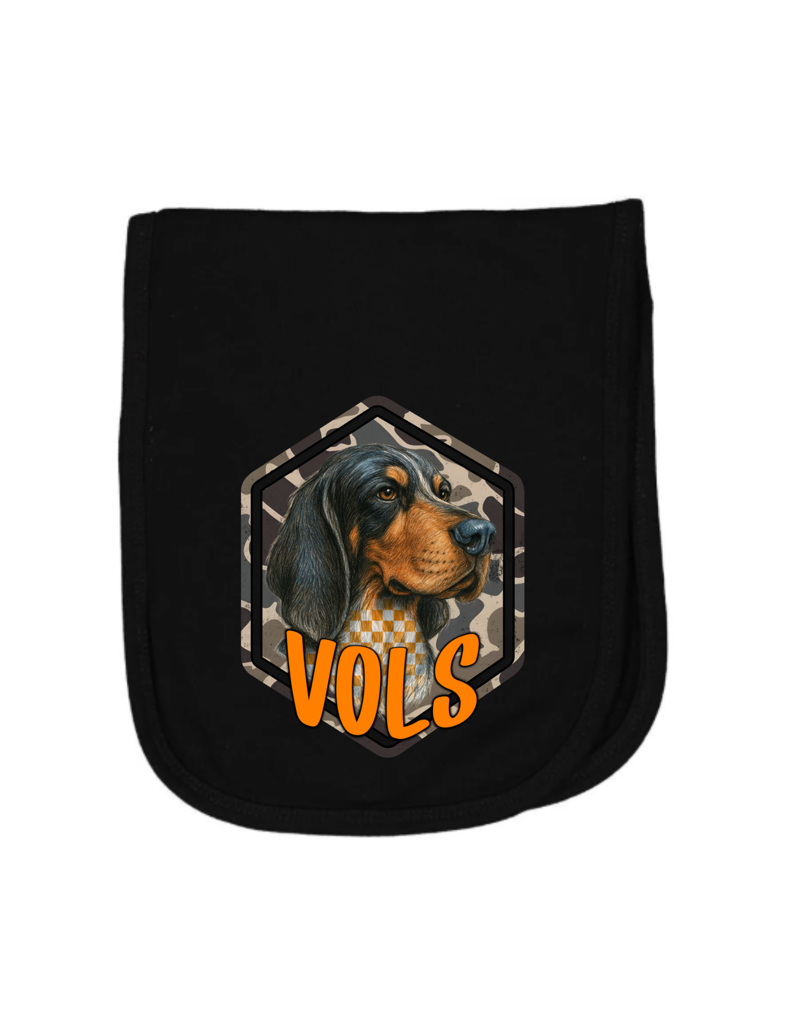 Black terry cloth baby burp towel with Smokey dog camo design and orange VOLS text — Tennessee Volunteers baby burp cloth.