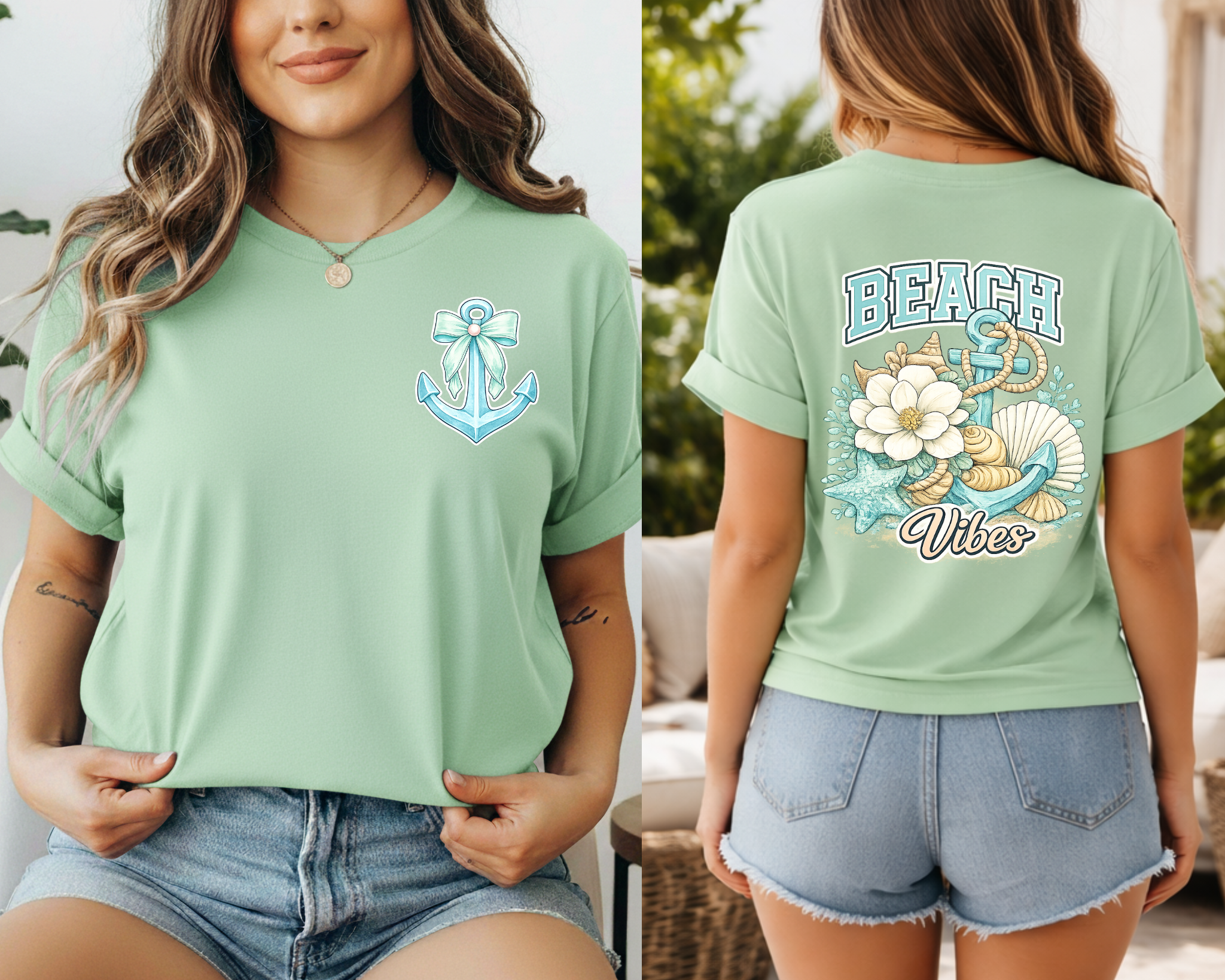 Woman wearing a light green t-shirt with a beach-themed design, front and back views.