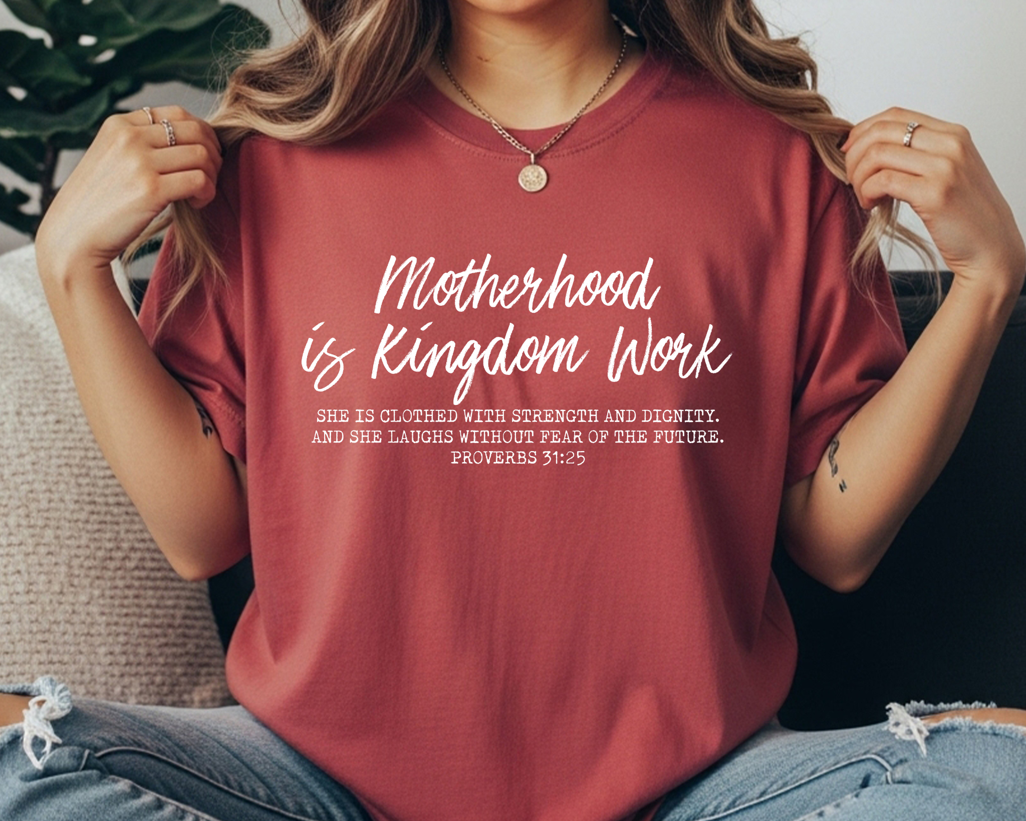 CRIMSON Motherhood is Kingdom Work Comfort Colors tee — Proverbs 31:25 faith shirt for moms doing holy work in everyday life.
