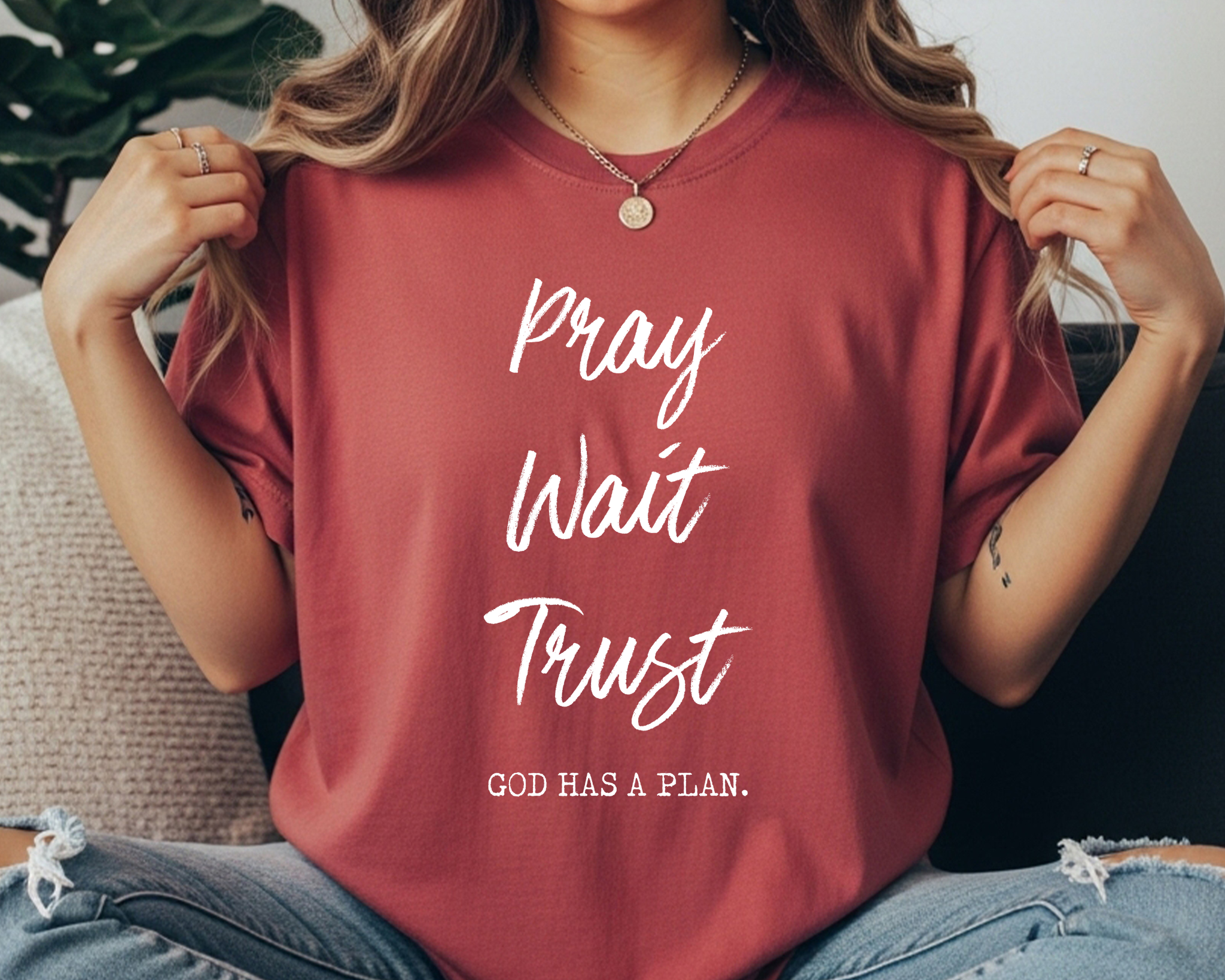 CRIMSON Comfort Colors faith tee with white text reading “Pray Wait Trust – God Has a Plan.”