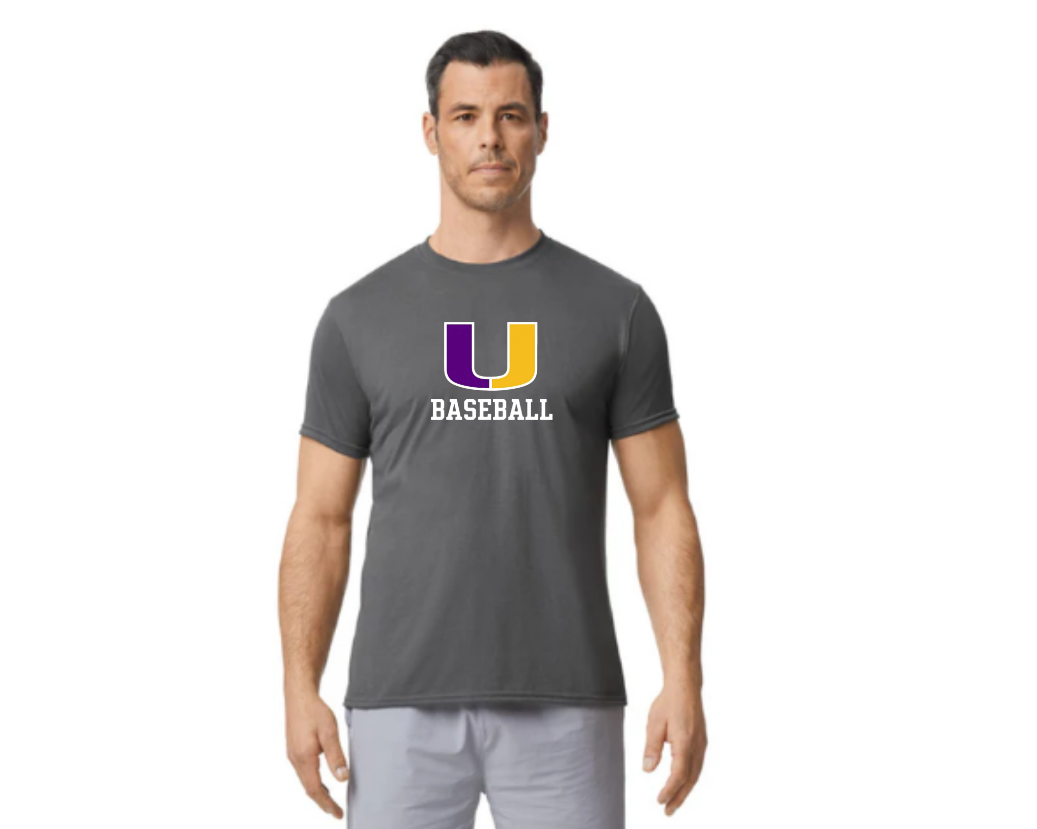 Charcoal Unionville Baseball Performance Tee with purple and gold U logo and white “BASEBALL” 
