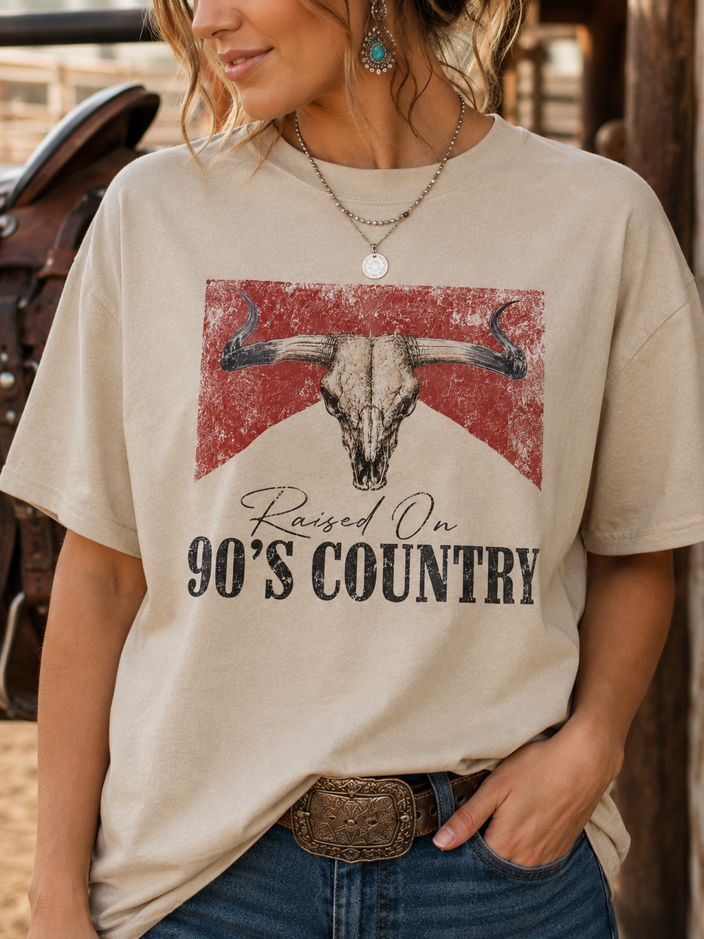Raised on 90's Country Graphic Tee - Western Cow Skull Shirt - Exclusive Boutique Design - Gildan Unisex Fit Tee