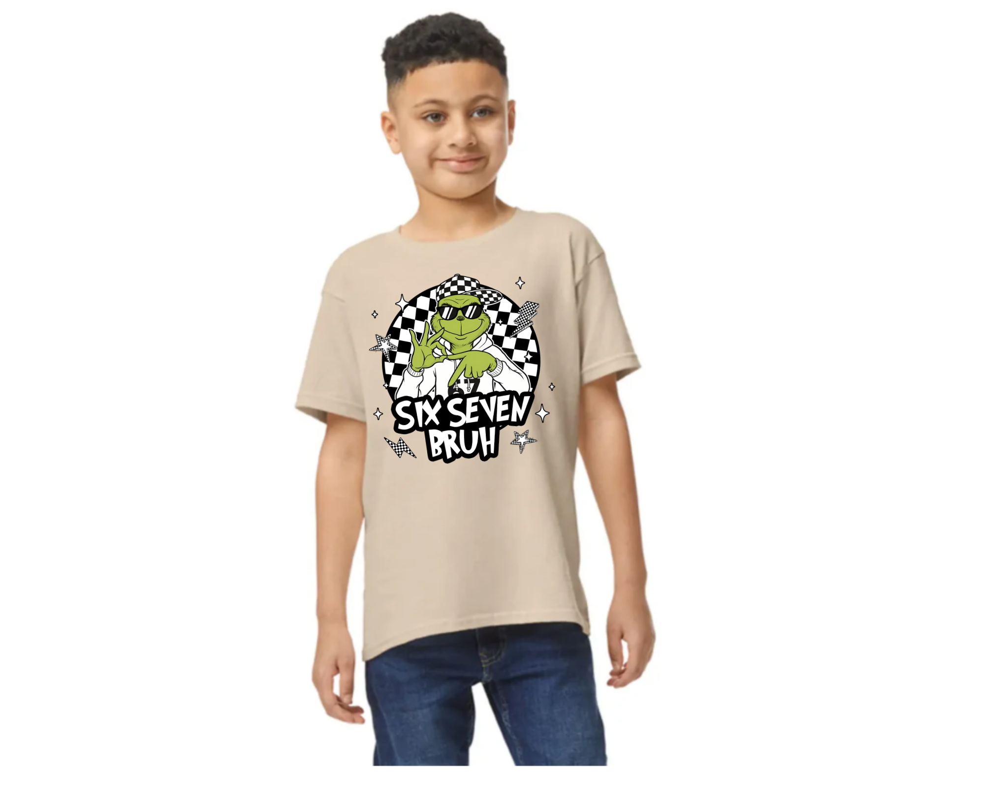 Christmas t-shirt featuring cool Grinch graphic with sunglasses, checkered background, and text “Six Seven Bruh.”