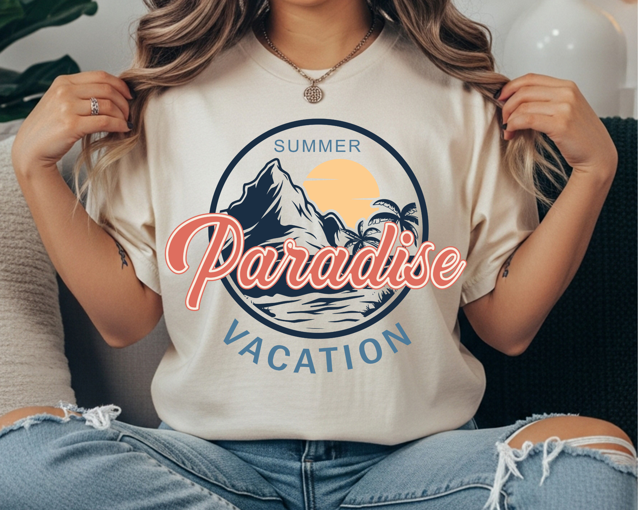 Comfort Colors t-shirt with a retro circular beach badge graphic and text reading “Summer Paradise Vacation” with coral script “Paradise,” navy island scene, and yellow sun.
